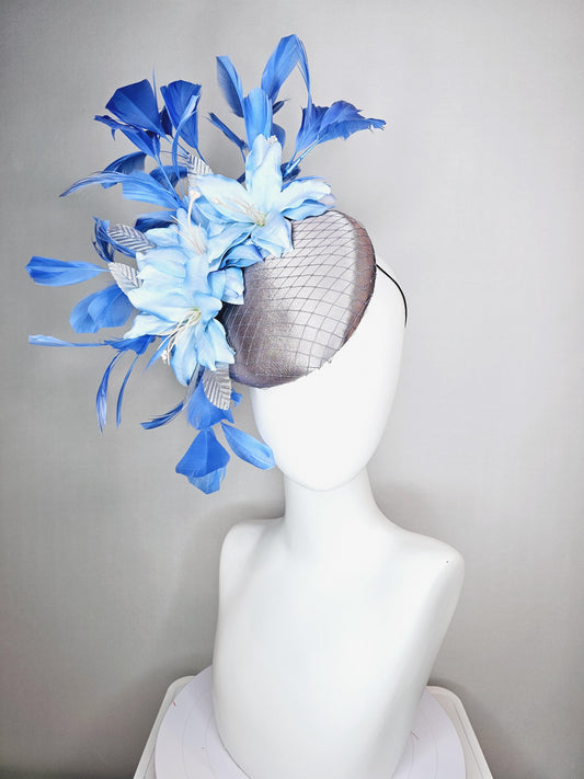 kentucky derby hat fascinator silver gray satin with netting light baby blue satin flowers silver leaves and royal blue branching feathers