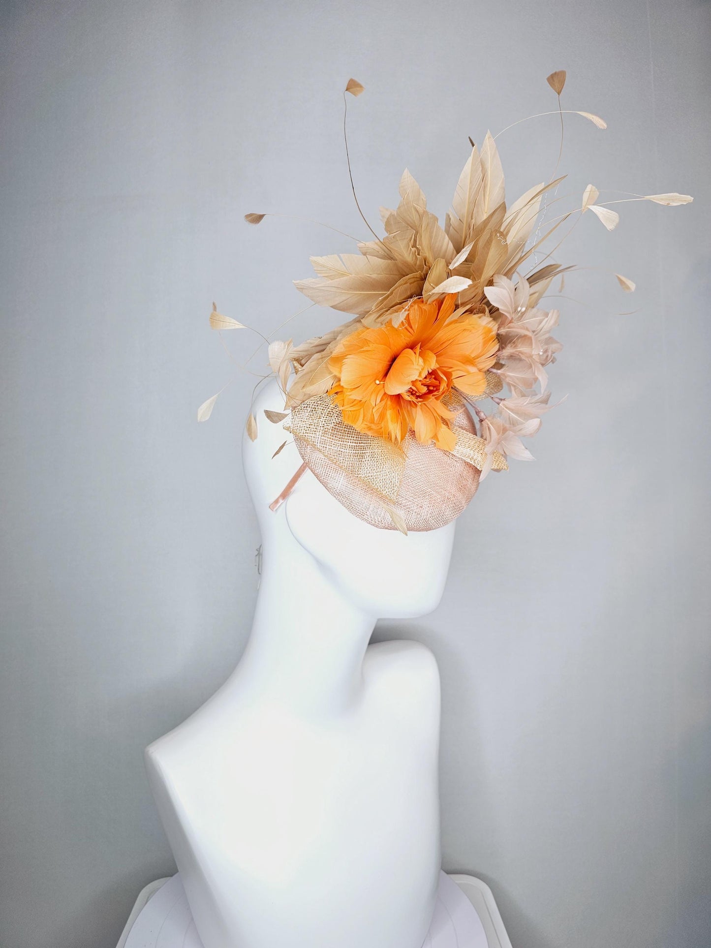 kentucky derby hat fascinator neutral champagne beige sinamay with burnt orange neutral beige feather flowers tan beige branching feathers