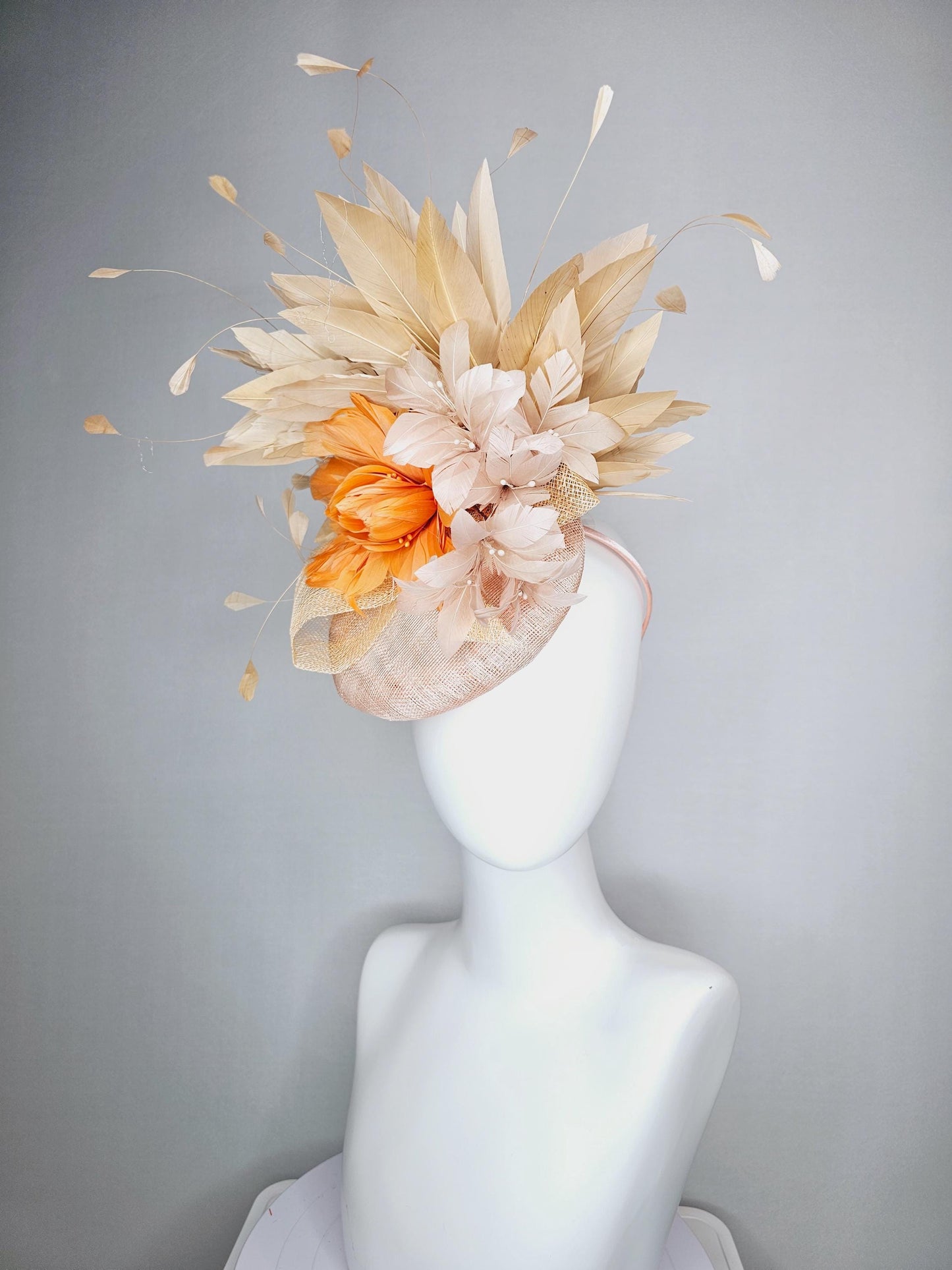kentucky derby hat fascinator neutral champagne beige sinamay with burnt orange neutral beige feather flowers tan beige branching feathers