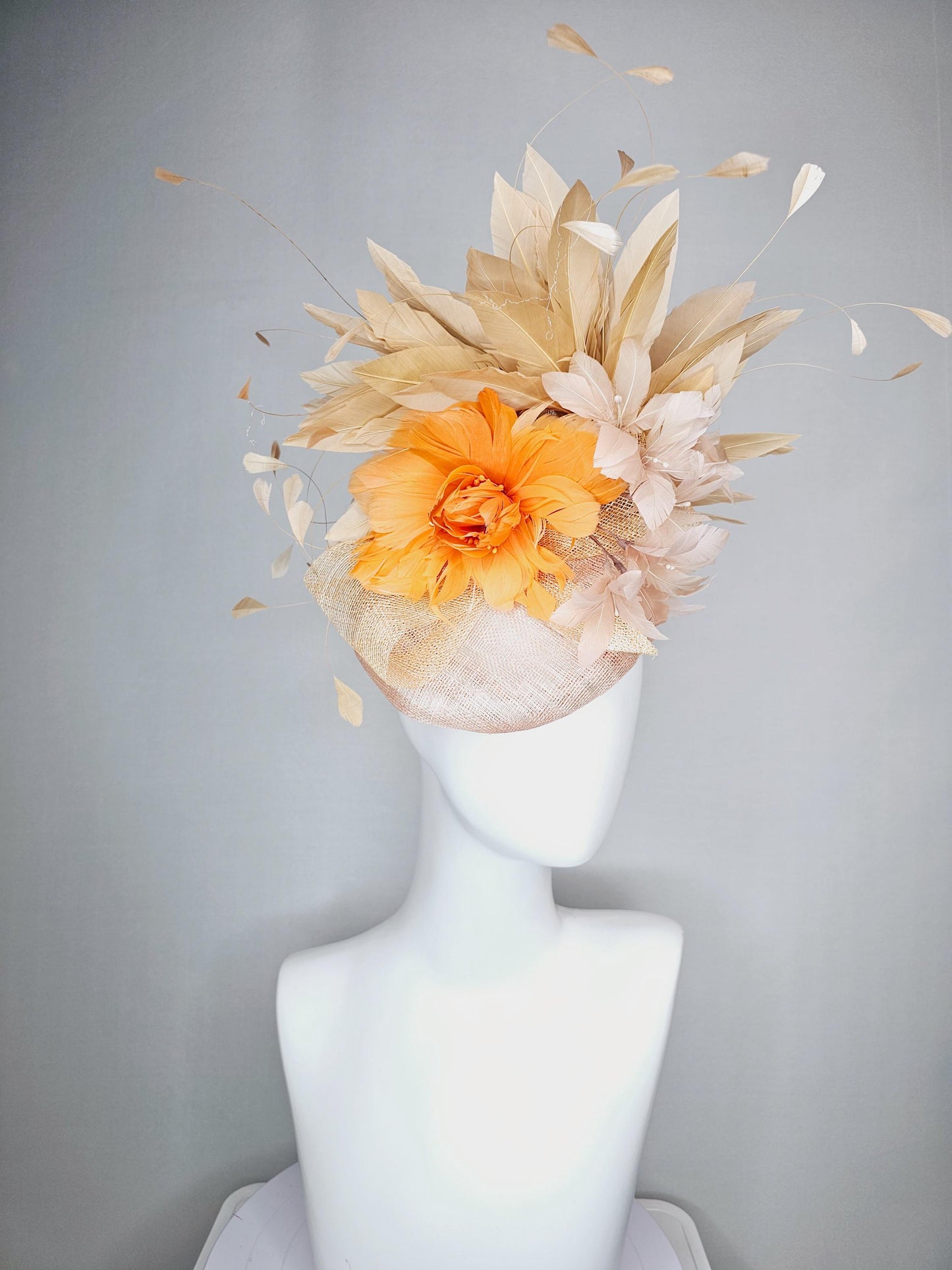kentucky derby hat fascinator neutral champagne beige sinamay with burnt orange neutral beige feather flowers tan beige branching feathers