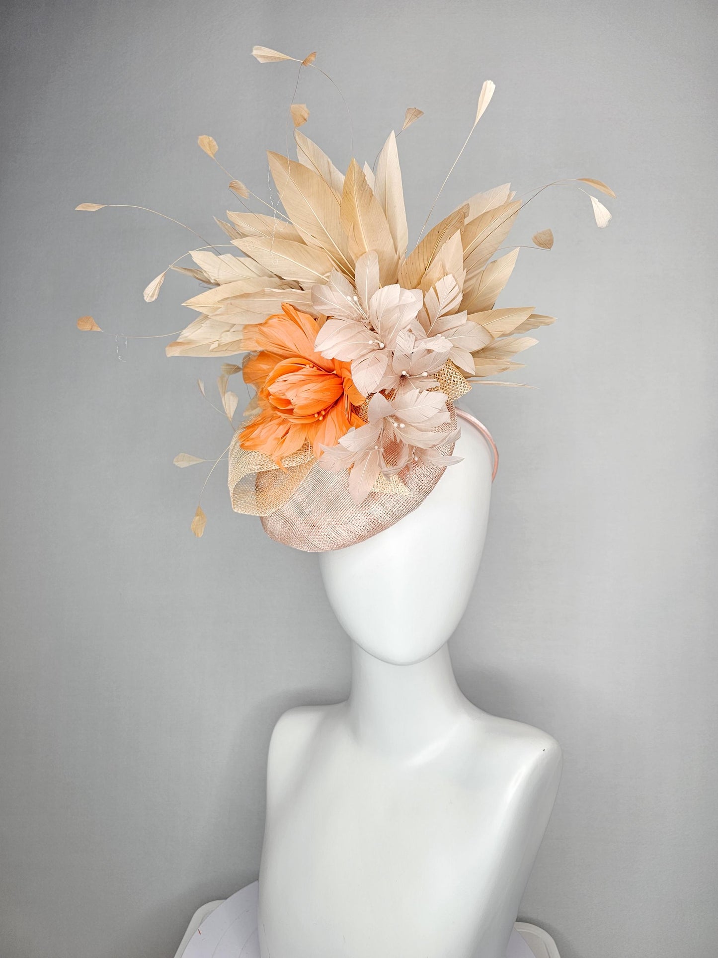 kentucky derby hat fascinator neutral champagne beige sinamay with burnt orange neutral beige feather flowers tan beige branching feathers