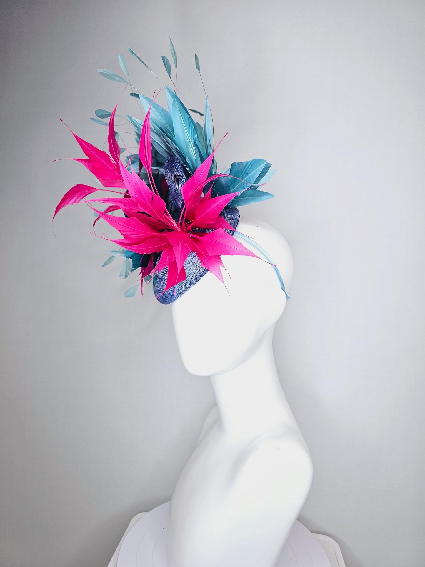 kentucky derby hat fascinator denin blue sinamay bright pink midnight blue feather flower fuchsia pink and teal blue branching feathers
