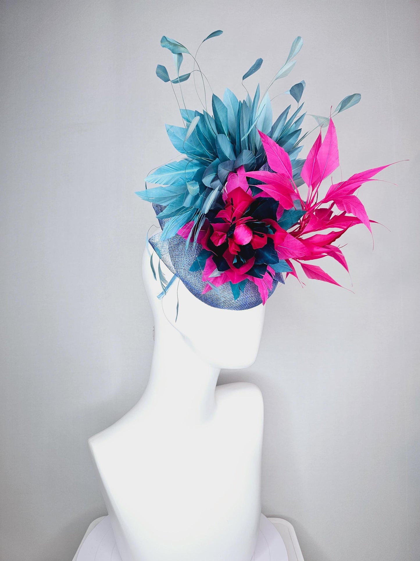 kentucky derby hat fascinator denin blue sinamay bright pink midnight blue feather flower fuchsia pink and teal blue branching feathers