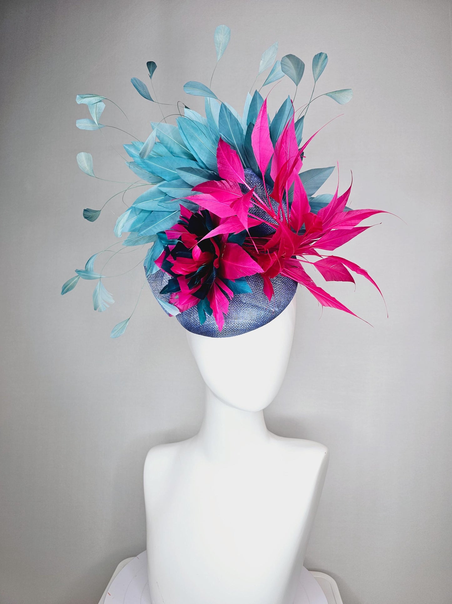 kentucky derby hat fascinator denin blue sinamay bright pink midnight blue feather flower fuchsia pink and teal blue branching feathers
