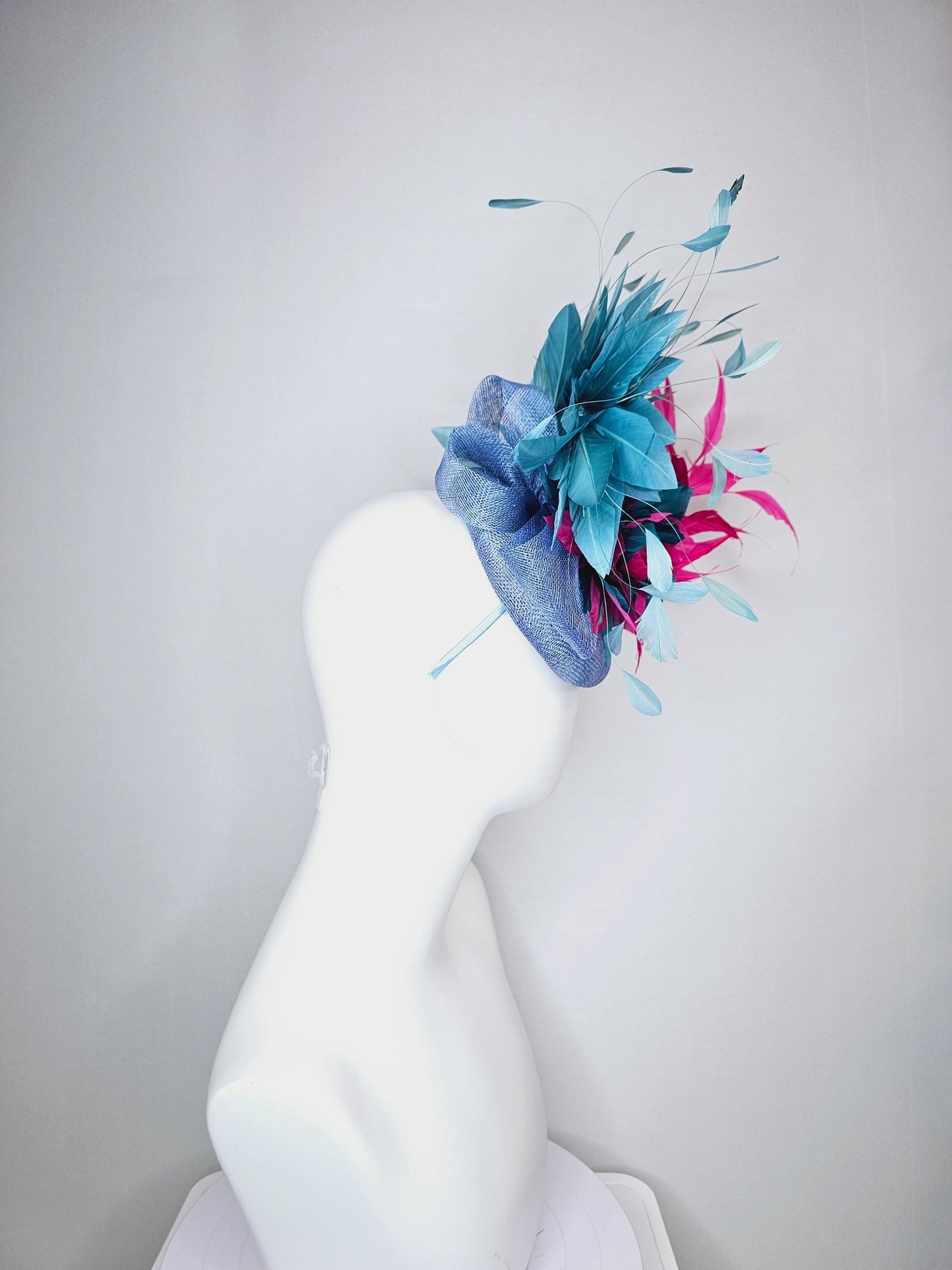 kentucky derby hat fascinator denin blue sinamay bright pink midnight blue feather flower fuchsia pink and teal blue branching feathers
