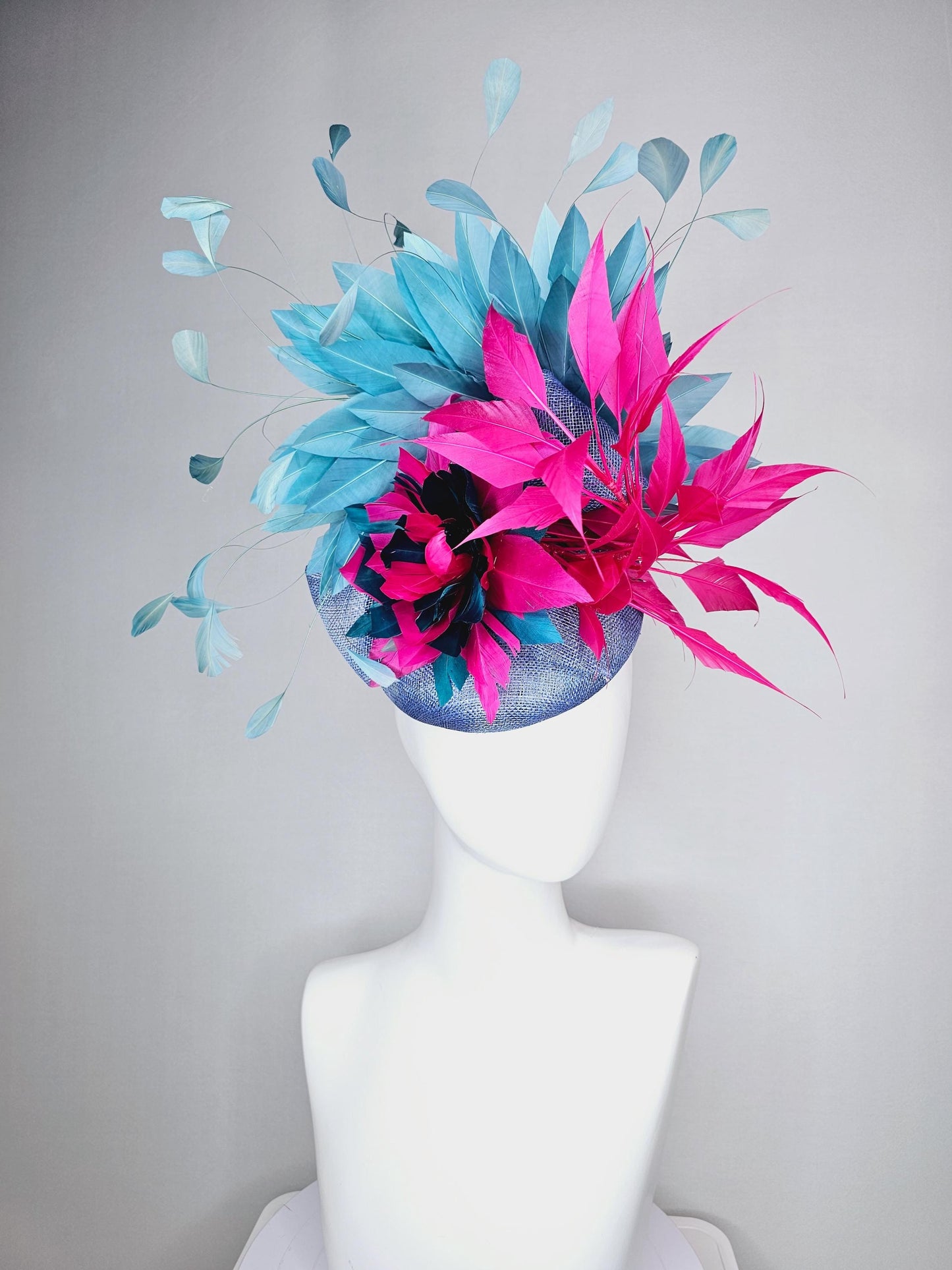 kentucky derby hat fascinator denin blue sinamay bright pink midnight blue feather flower fuchsia pink and teal blue branching feathers