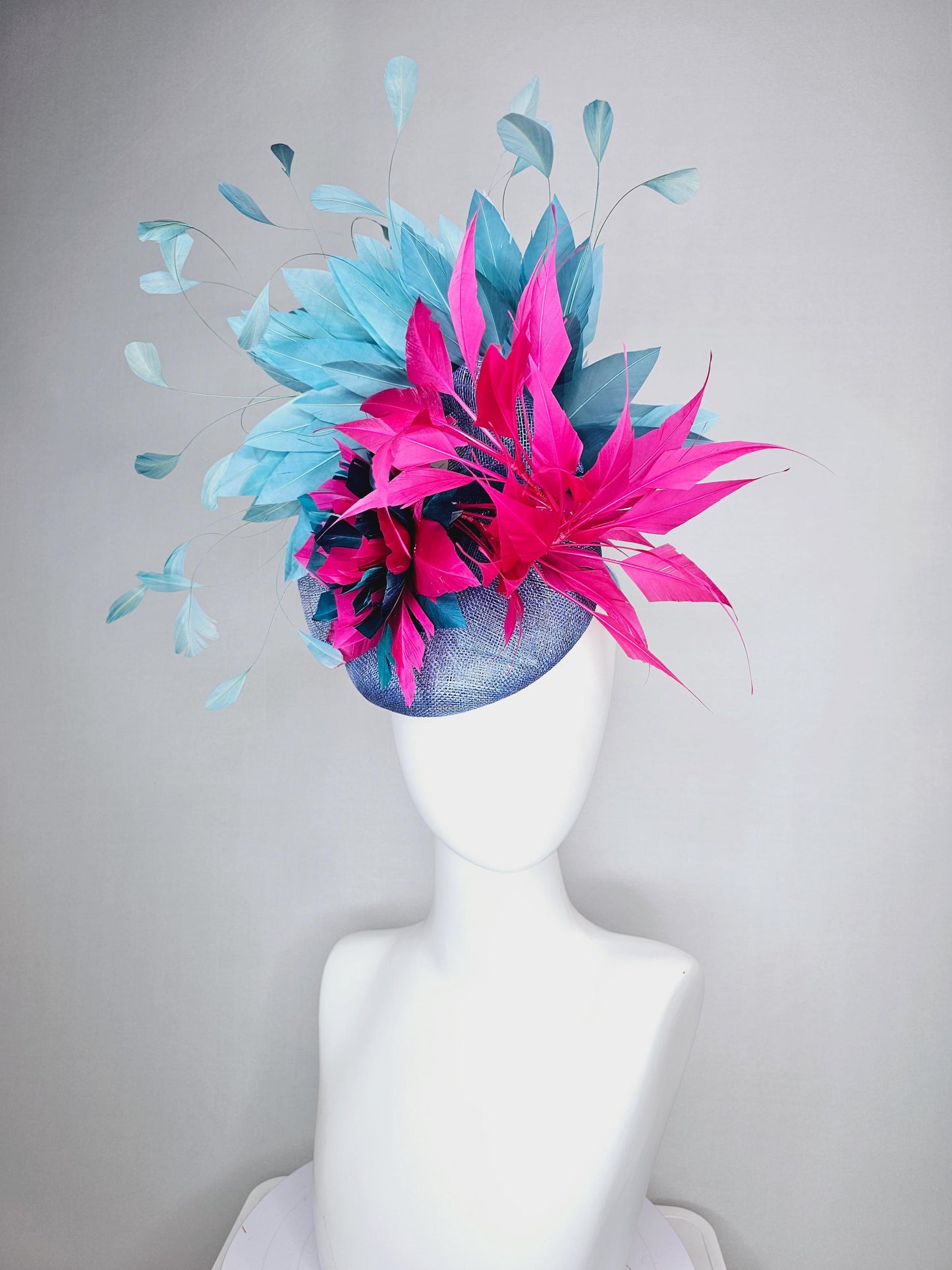 kentucky derby hat fascinator denin blue sinamay bright pink midnight blue feather flower fuchsia pink and teal blue branching feathers