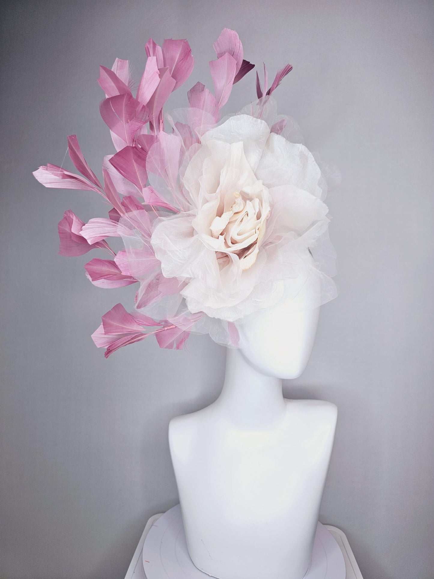 kentucky derby fascinator black headband with very large ivory white cream organza flower and dusty rose pink branching feathers