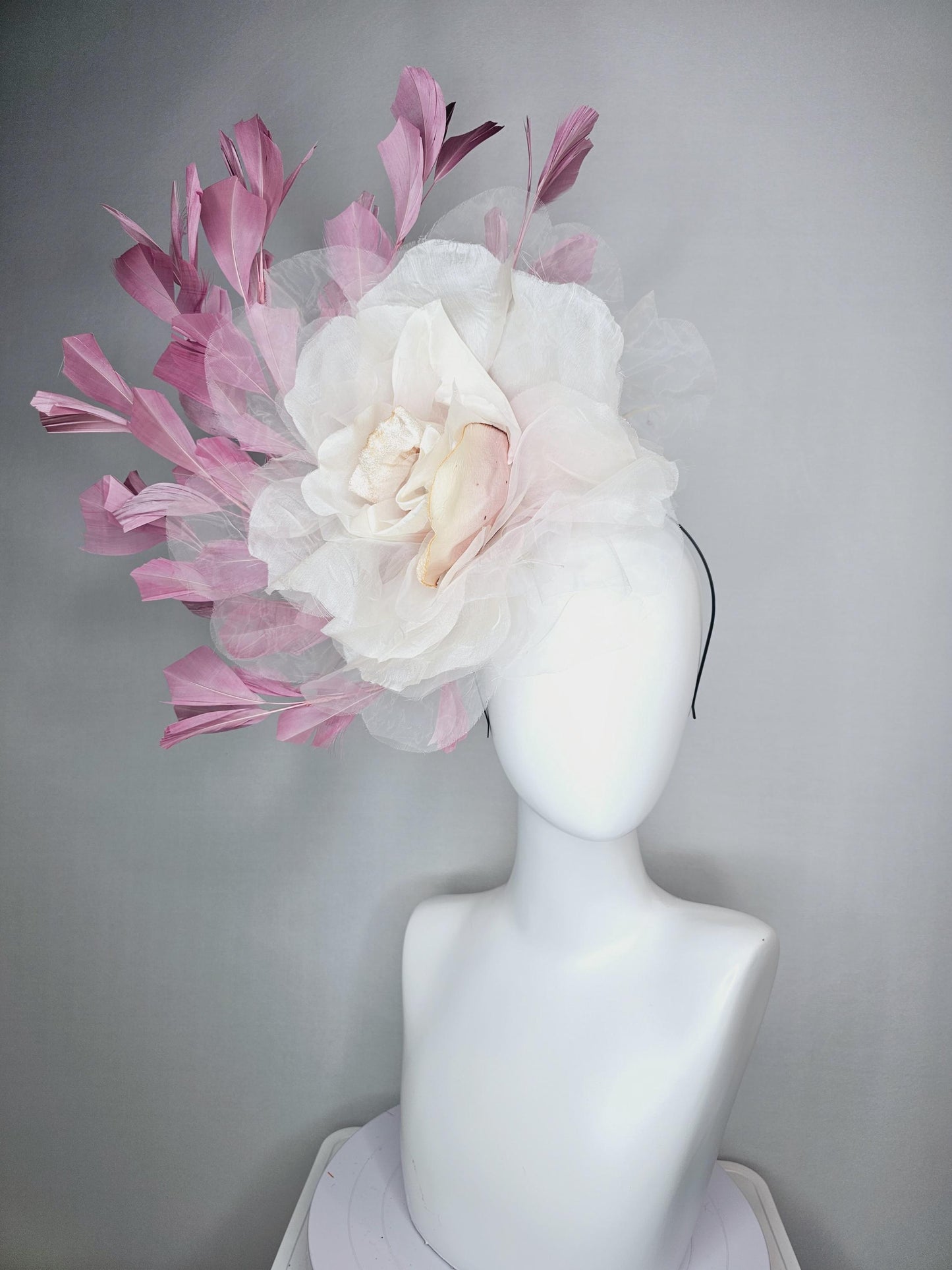 kentucky derby fascinator black headband with very large ivory white cream organza flower and dusty rose pink branching feathers