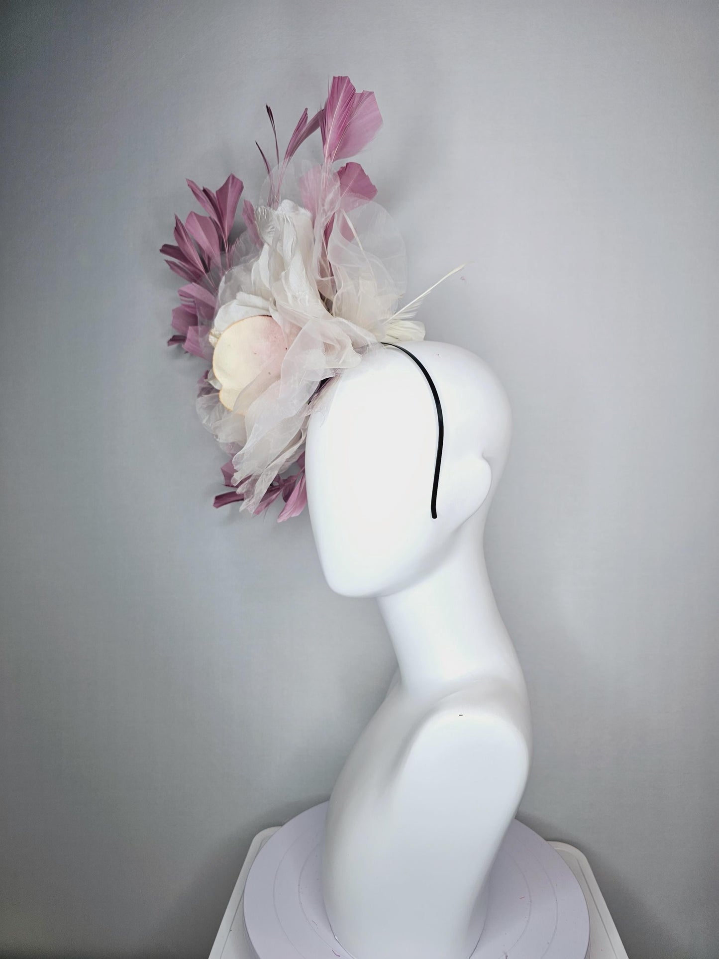 kentucky derby fascinator black headband with very large ivory white cream organza flower and dusty rose pink branching feathers