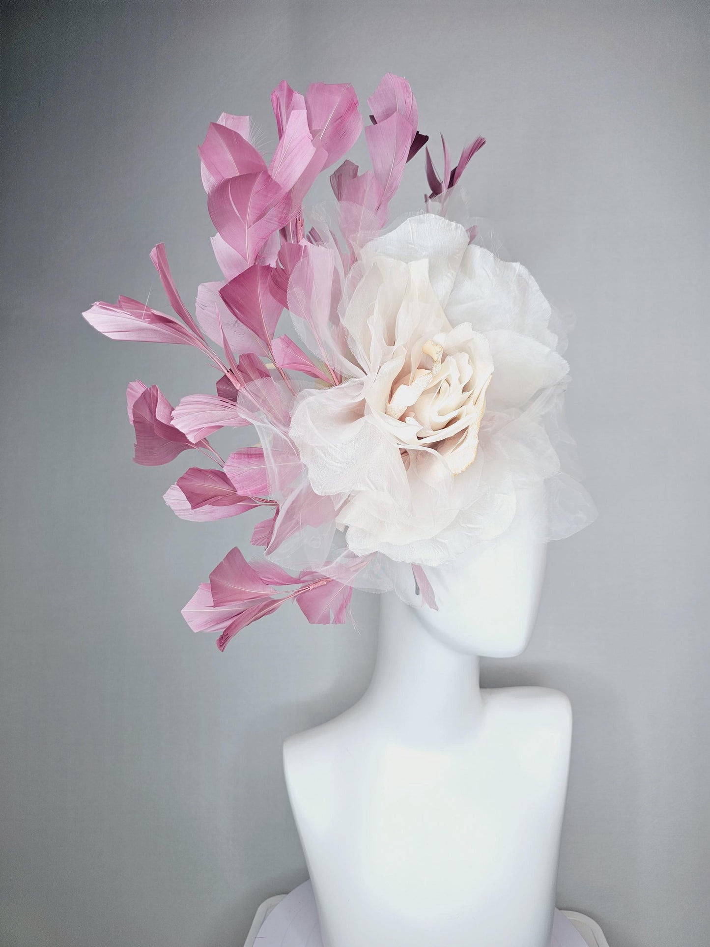 kentucky derby fascinator black headband with very large ivory white cream organza flower and dusty rose pink branching feathers