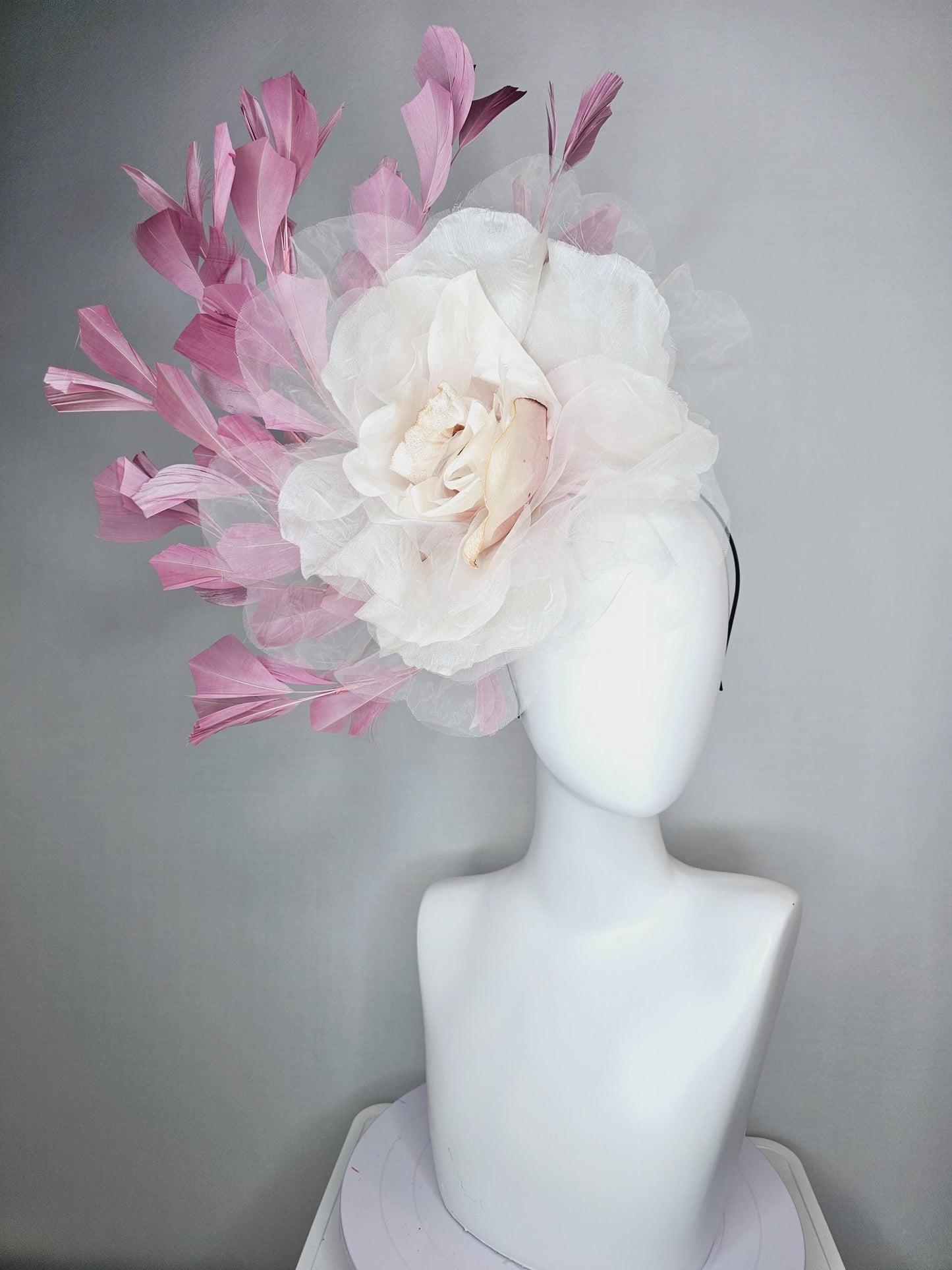 kentucky derby fascinator black headband with very large ivory white cream organza flower and dusty rose pink branching feathers