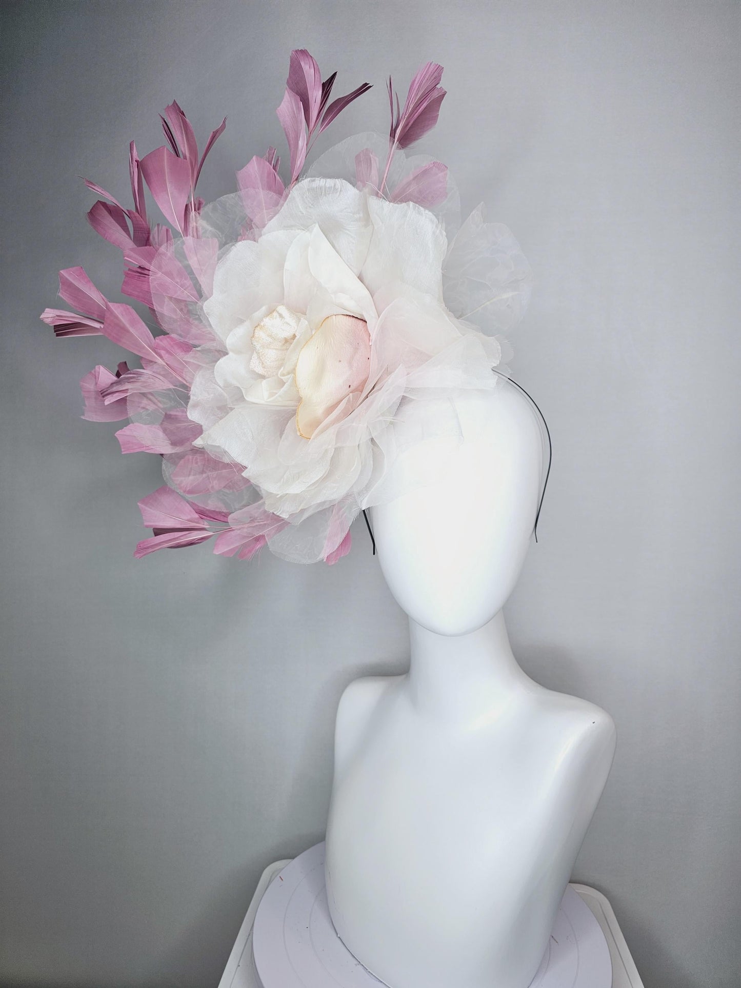 kentucky derby fascinator black headband with very large ivory white cream organza flower and dusty rose pink branching feathers