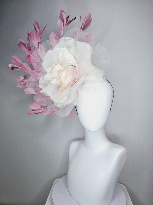 kentucky derby fascinator black headband with very large ivory white cream organza flower and dusty rose pink branching feathers