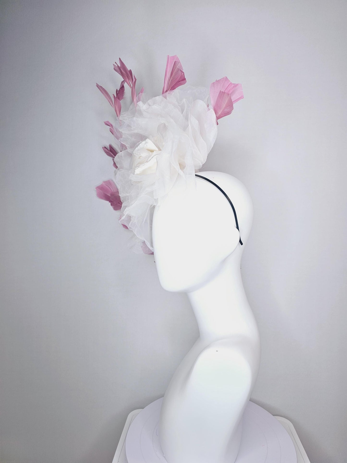 kentucky derby fascinator black headband with very large white organza silk flower and dusty rose pink branching feathers