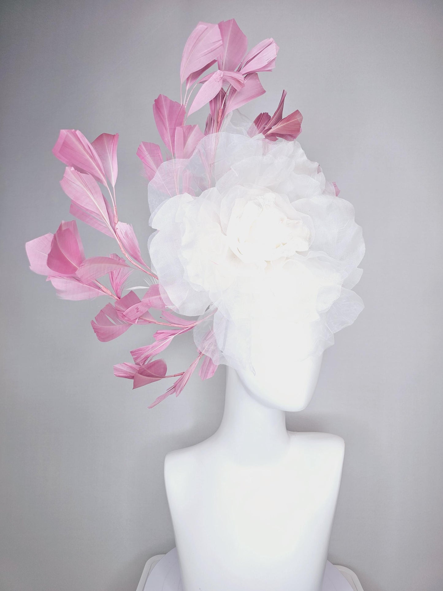 kentucky derby fascinator black headband with very large white organza silk flower and dusty rose pink branching feathers
