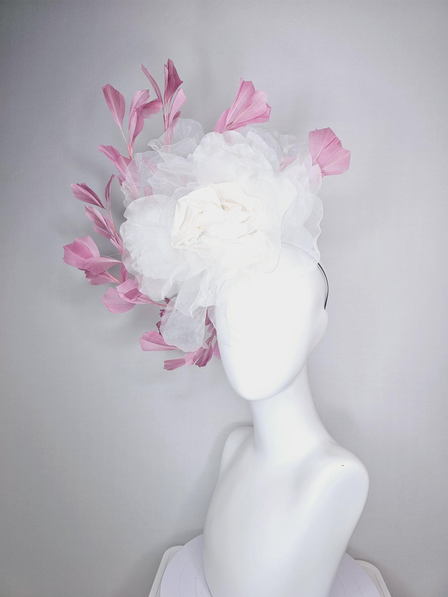 kentucky derby fascinator black headband with very large white organza silk flower and dusty rose pink branching feathers
