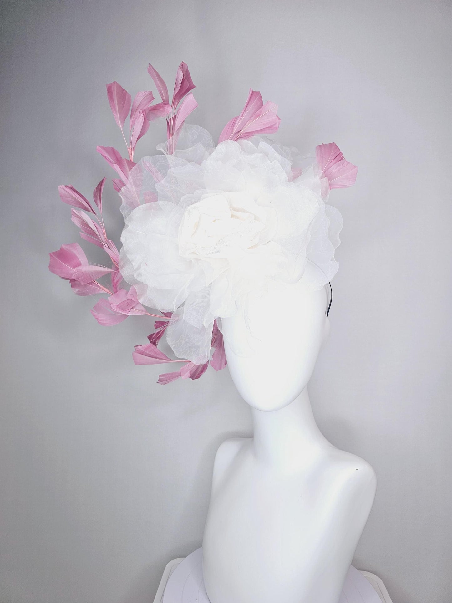 kentucky derby fascinator black headband with very large white organza silk flower and dusty rose pink branching feathers