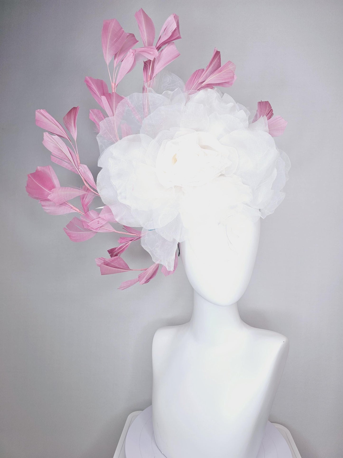kentucky derby fascinator black headband with very large white organza silk flower and dusty rose pink branching feathers