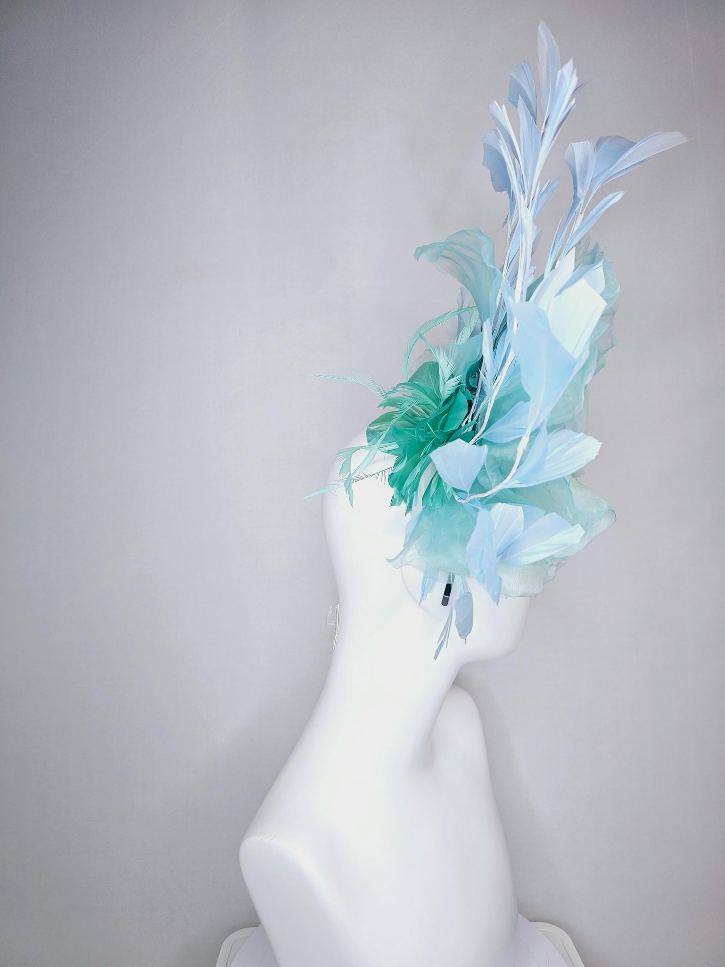 kentucky derby fascinator black headband with very large light blue organza silk flower and baby blue branching feathers