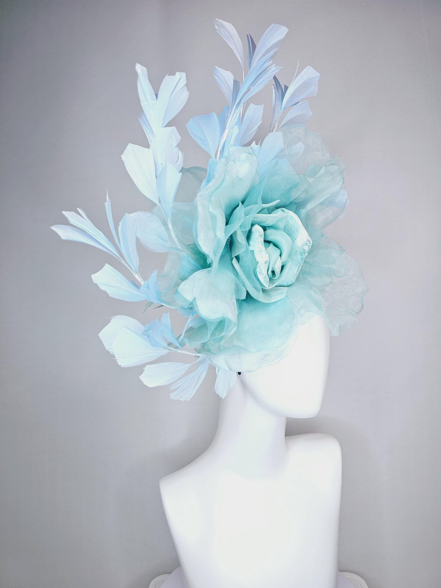 kentucky derby fascinator black headband with very large light blue organza silk flower and baby blue branching feathers