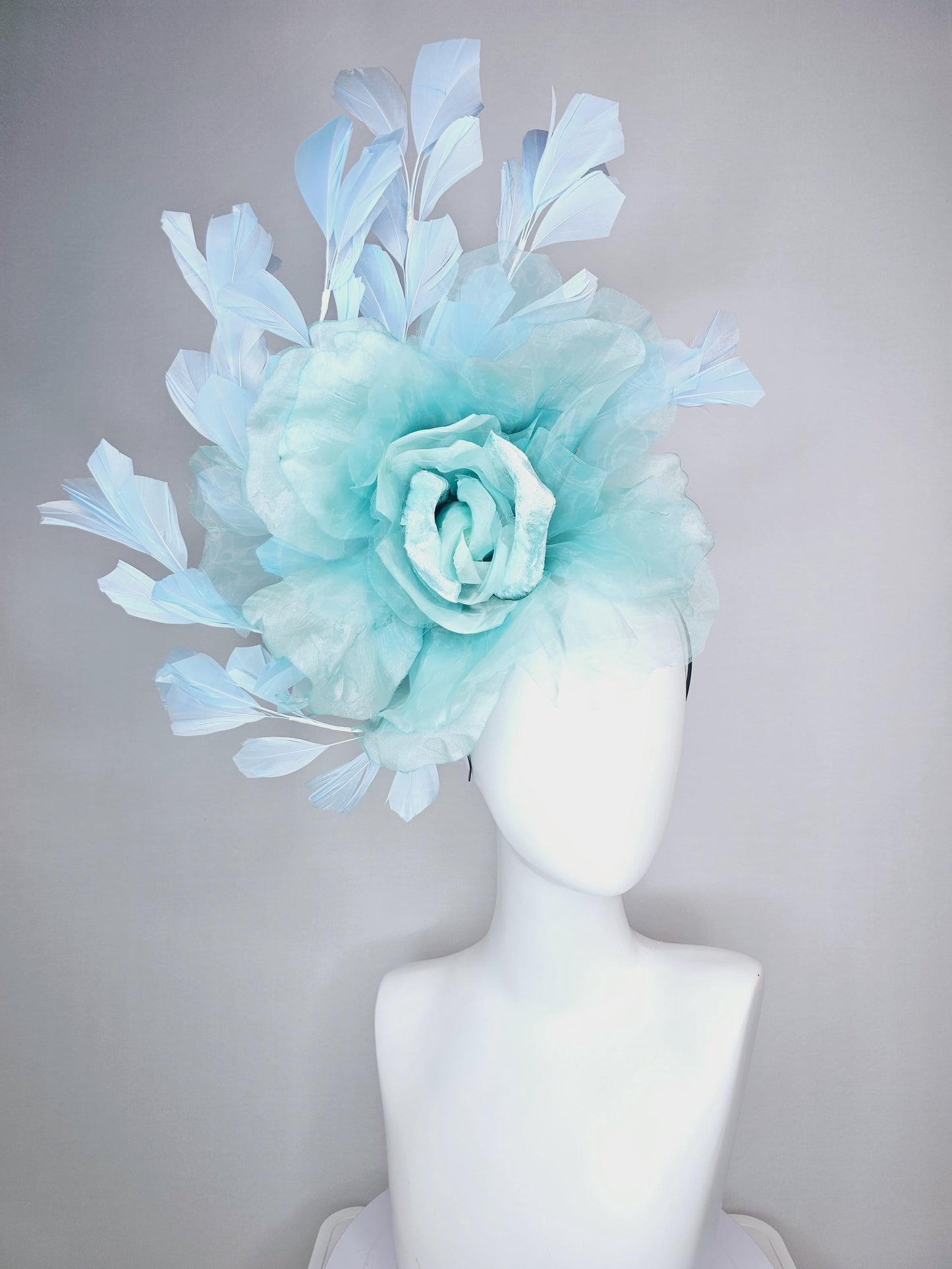 kentucky derby fascinator black headband with very large light blue organza silk flower and baby blue branching feathers
