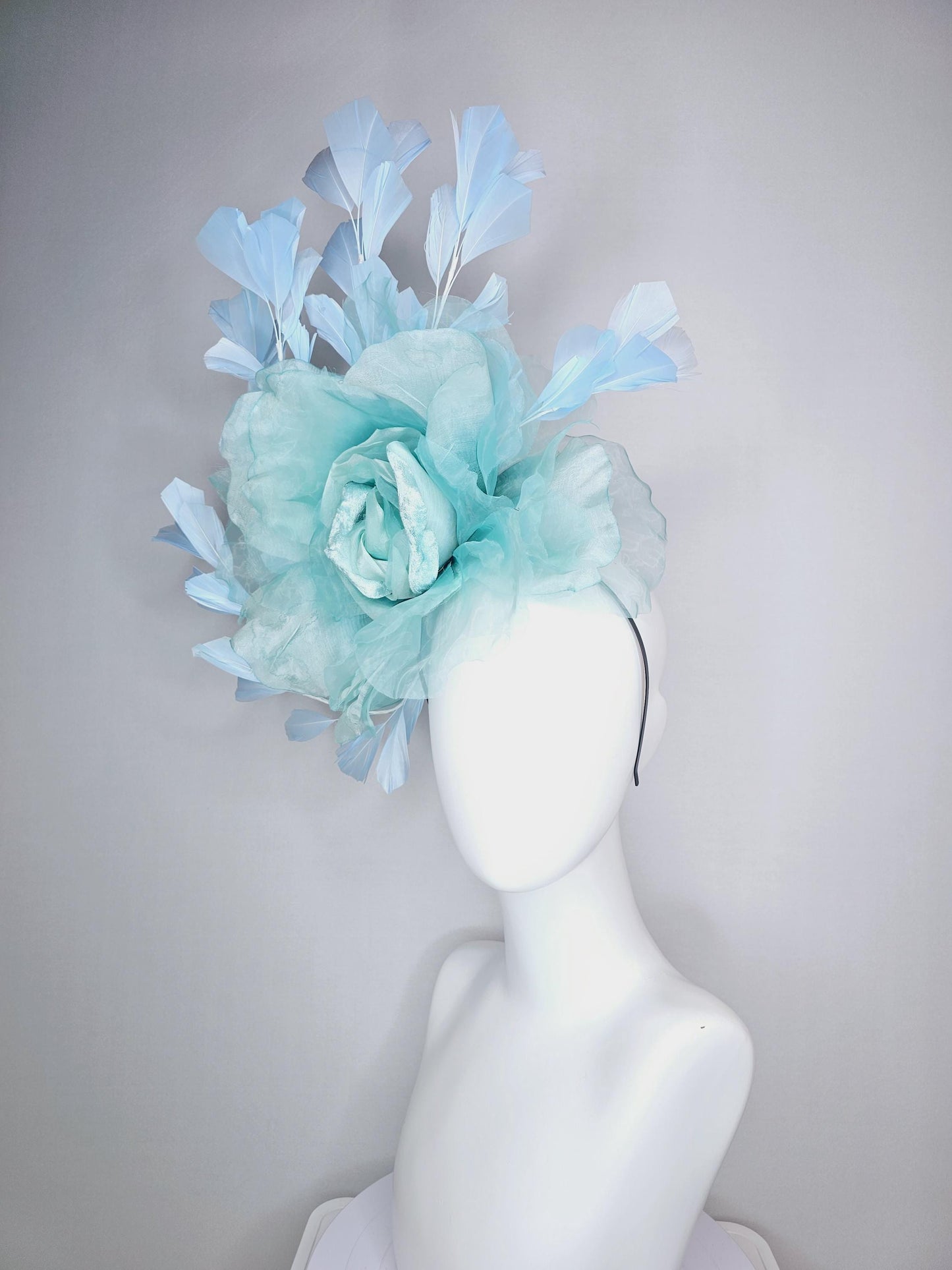 kentucky derby fascinator black headband with very large light blue organza silk flower and baby blue branching feathers