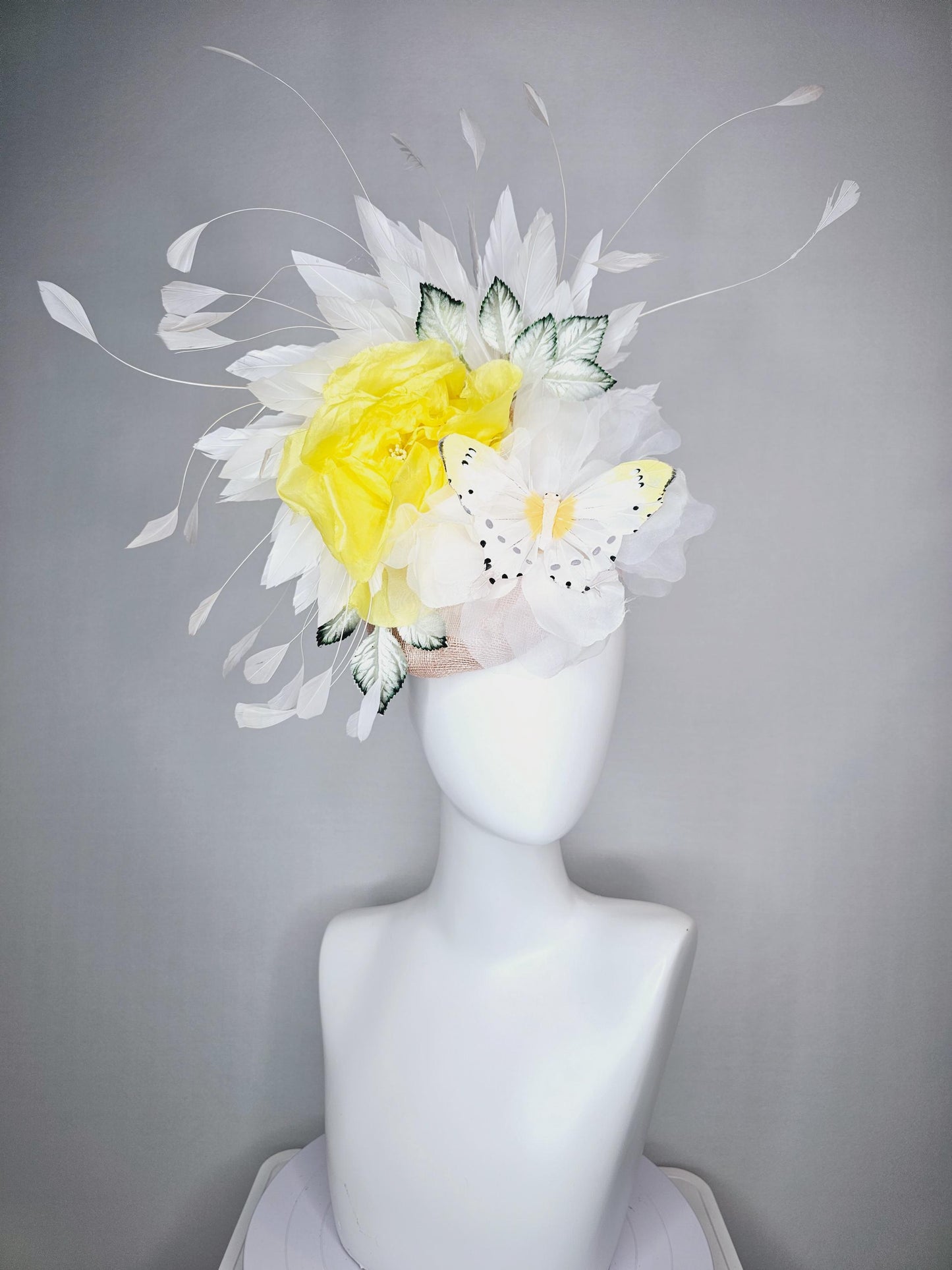 kentucky derby hat fascinator champagne pink sinamay yellow satin white organza flowers ombre green leaves white butterfly white feathers