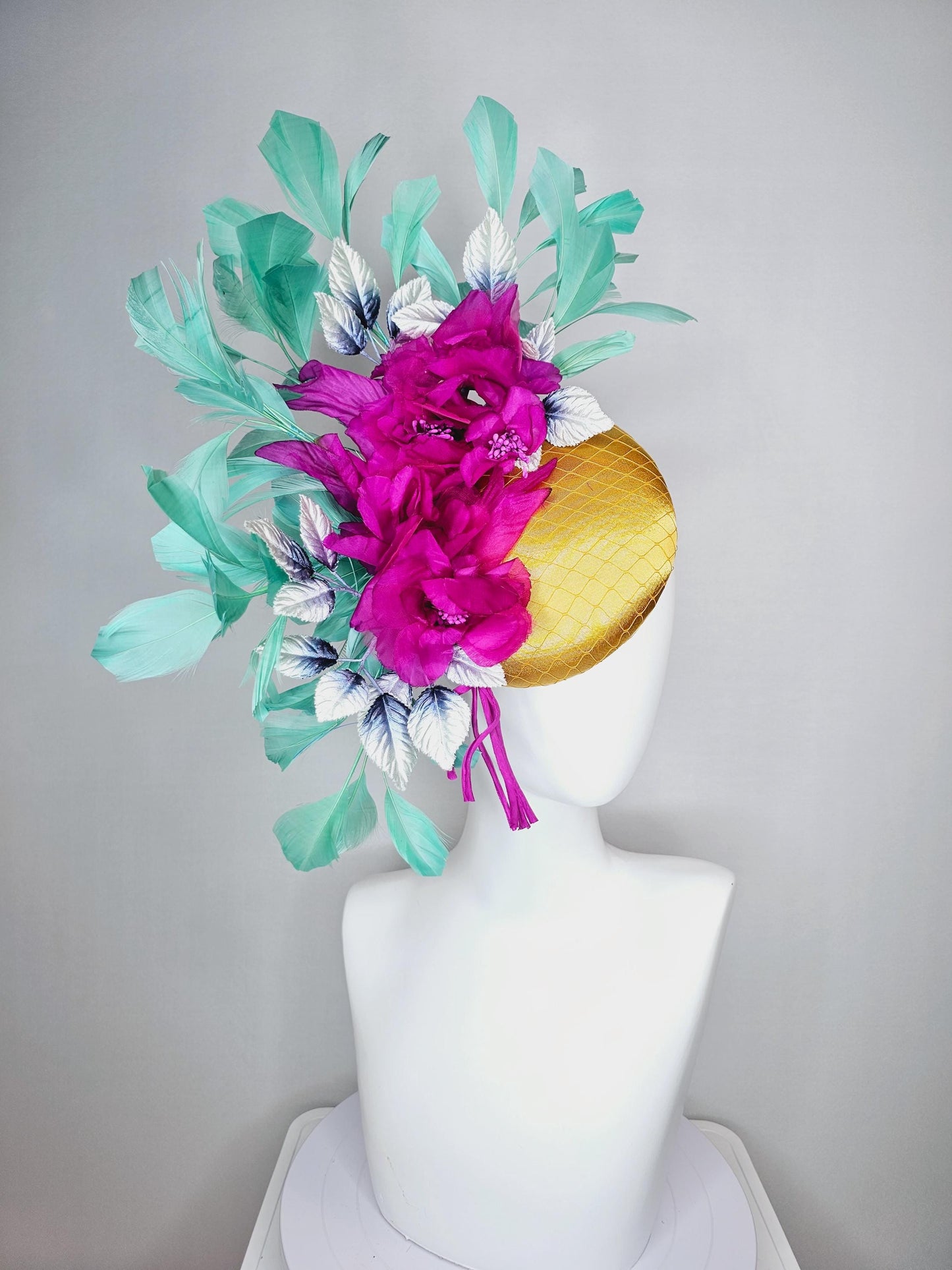 kentucky derby hat fascinator yellow gold satin with netting fuchsia pink organza satin flowers ombre blue leaves mint green feathers