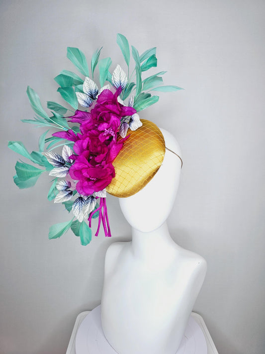 kentucky derby hat fascinator yellow gold satin with netting fuchsia pink organza satin flowers ombre blue leaves mint green feathers
