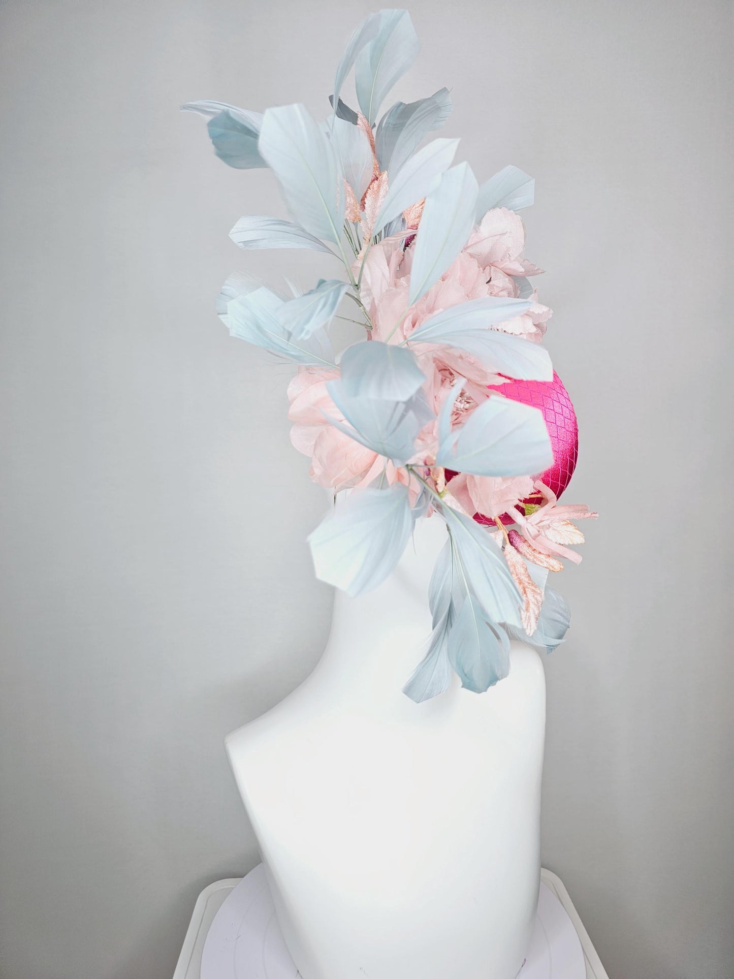 kentucky derby hat fascinator hot pink satin with netting light baby pink organza satin flowers light teal blue branching feathers