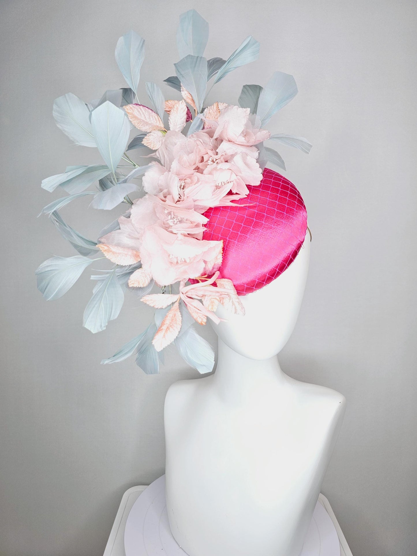 kentucky derby hat fascinator hot pink satin with netting light baby pink organza satin flowers light teal blue branching feathers