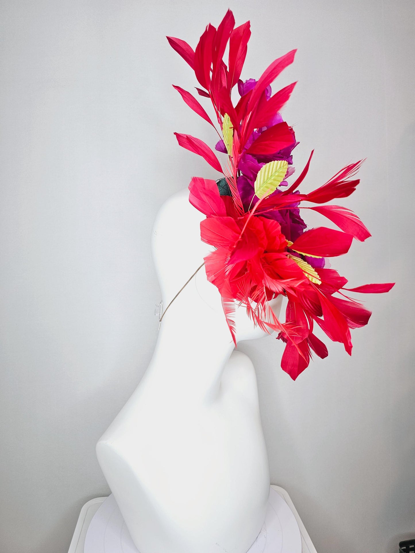 kentucky derby hat fascinator emerald green satin with netting and fuchsia pink satin flowers yellow leaves cherry red branching feathers