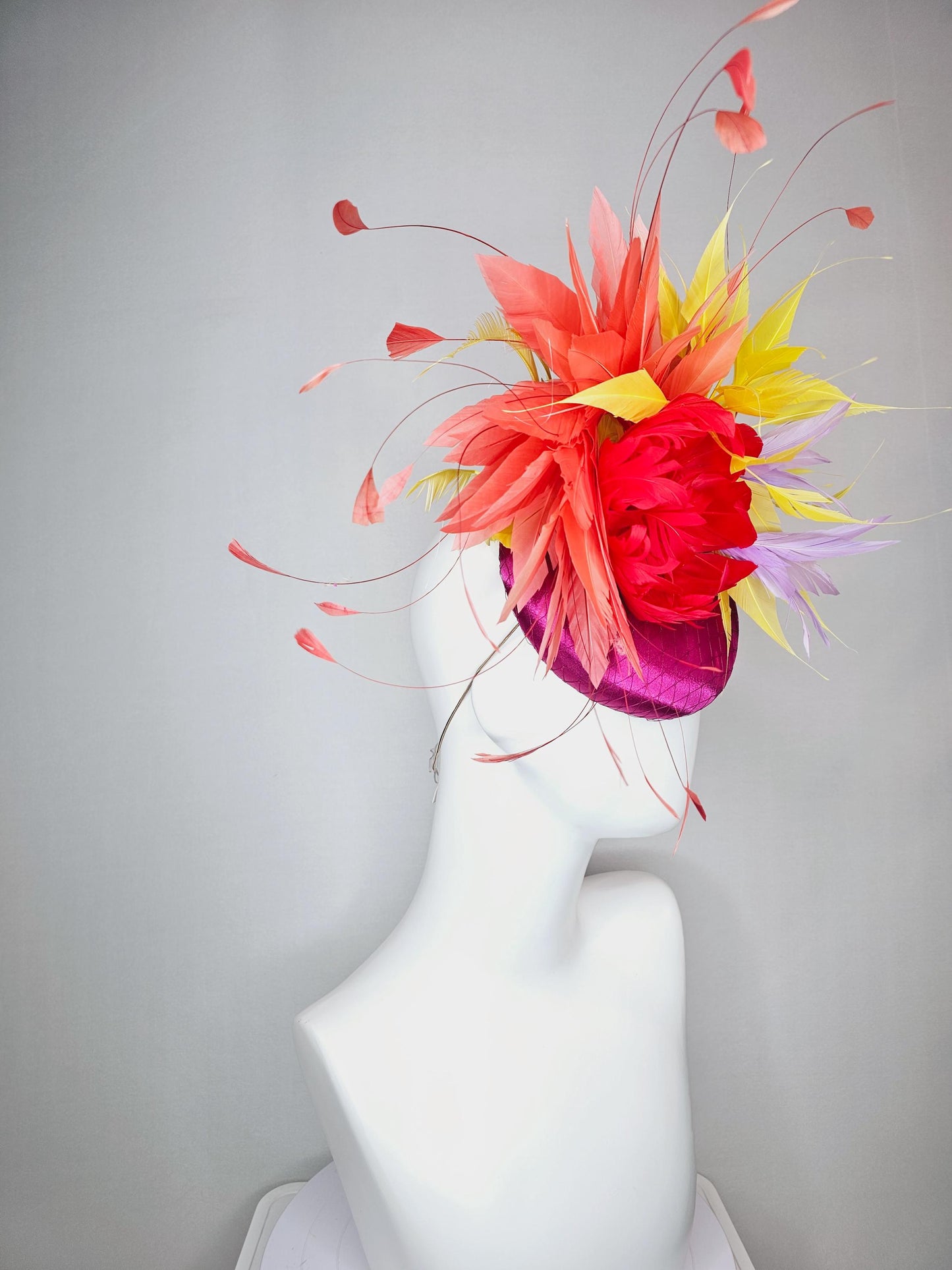 kentucky derby hat fascinator colorful pink satin with netting cherry red feather flower lavender purple yellow coral red branching feathers