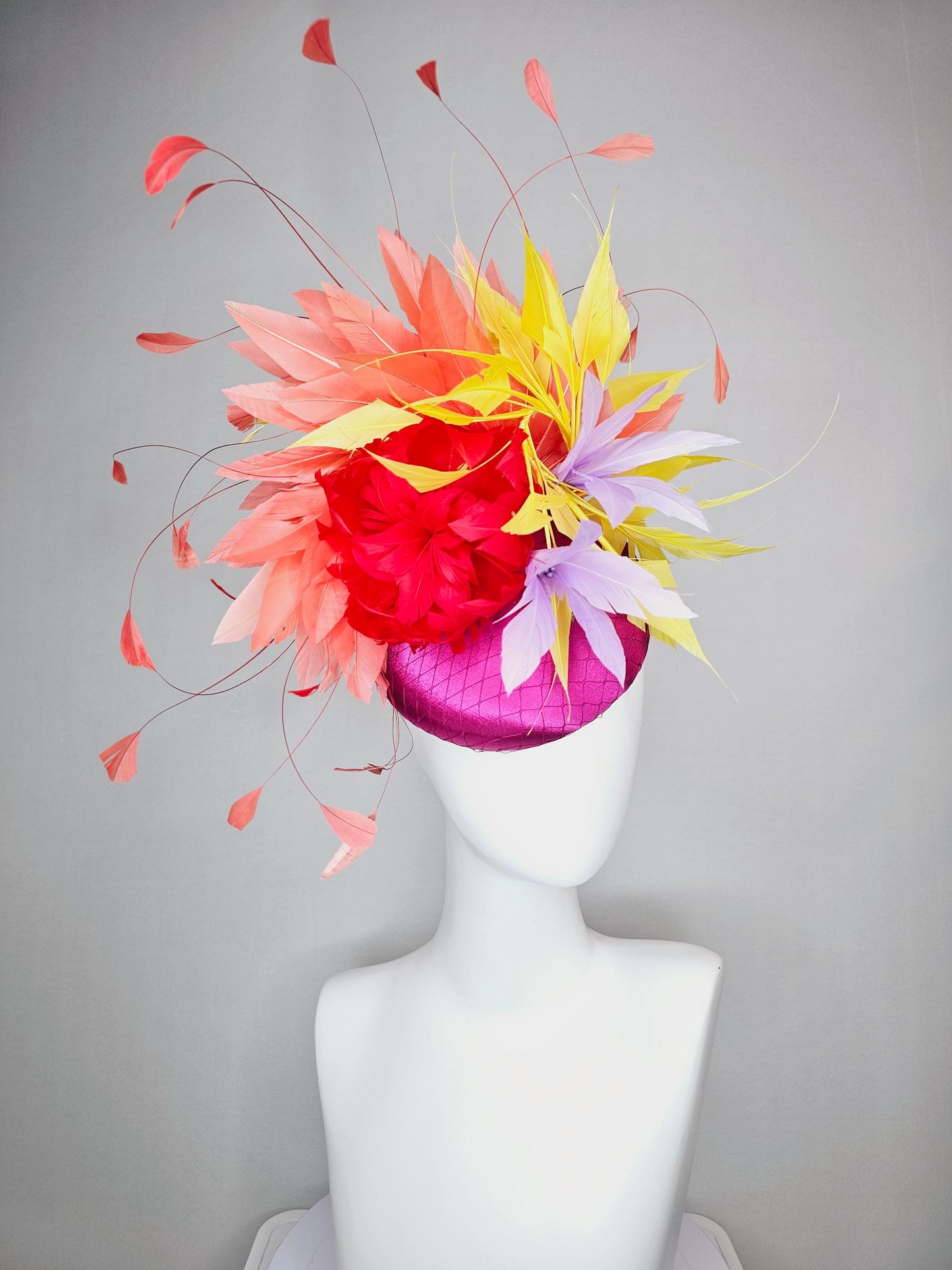 kentucky derby hat fascinator colorful pink satin with netting cherry red feather flower lavender purple yellow coral red branching feathers