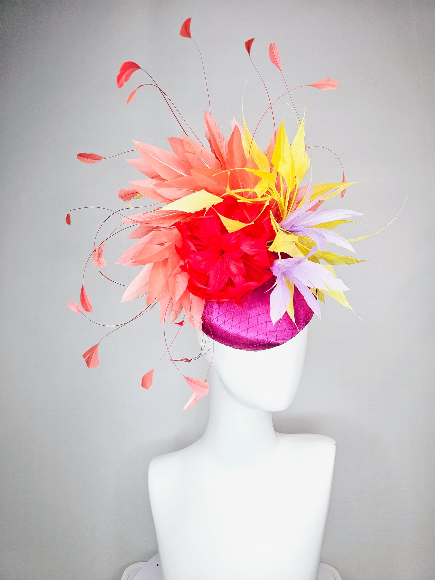 kentucky derby hat fascinator colorful pink satin with netting cherry red feather flower lavender purple yellow coral red branching feathers