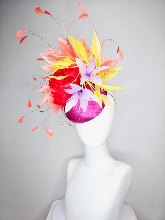 kentucky derby hat fascinator colorful pink satin with netting cherry red feather flower lavender purple yellow coral red branching feathers