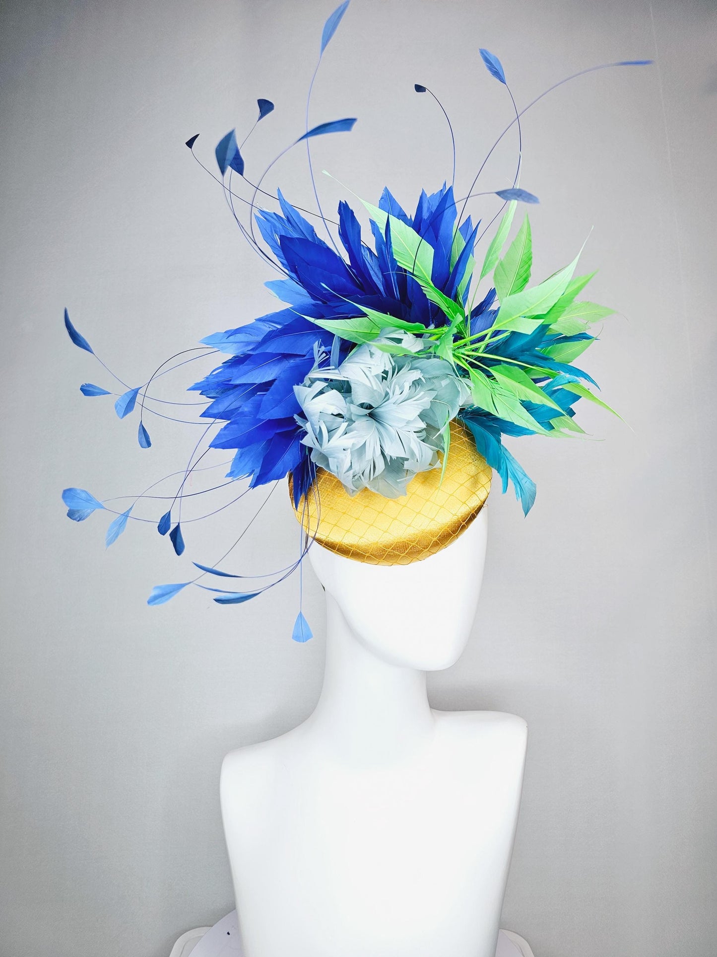 kentucky derby hat fascinator colorful yellow satin with netting light blue feather flower emerald green royal turquoise blue feathers