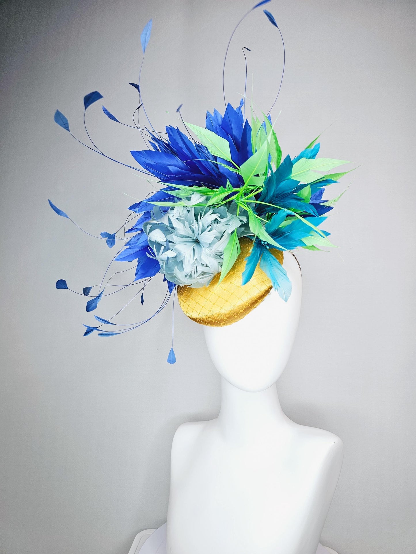 kentucky derby hat fascinator colorful yellow satin with netting light blue feather flower emerald green royal turquoise blue feathers