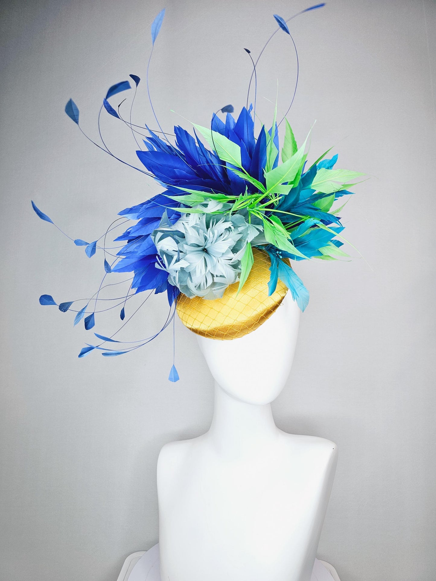 kentucky derby hat fascinator colorful yellow satin with netting light blue feather flower emerald green royal turquoise blue feathers