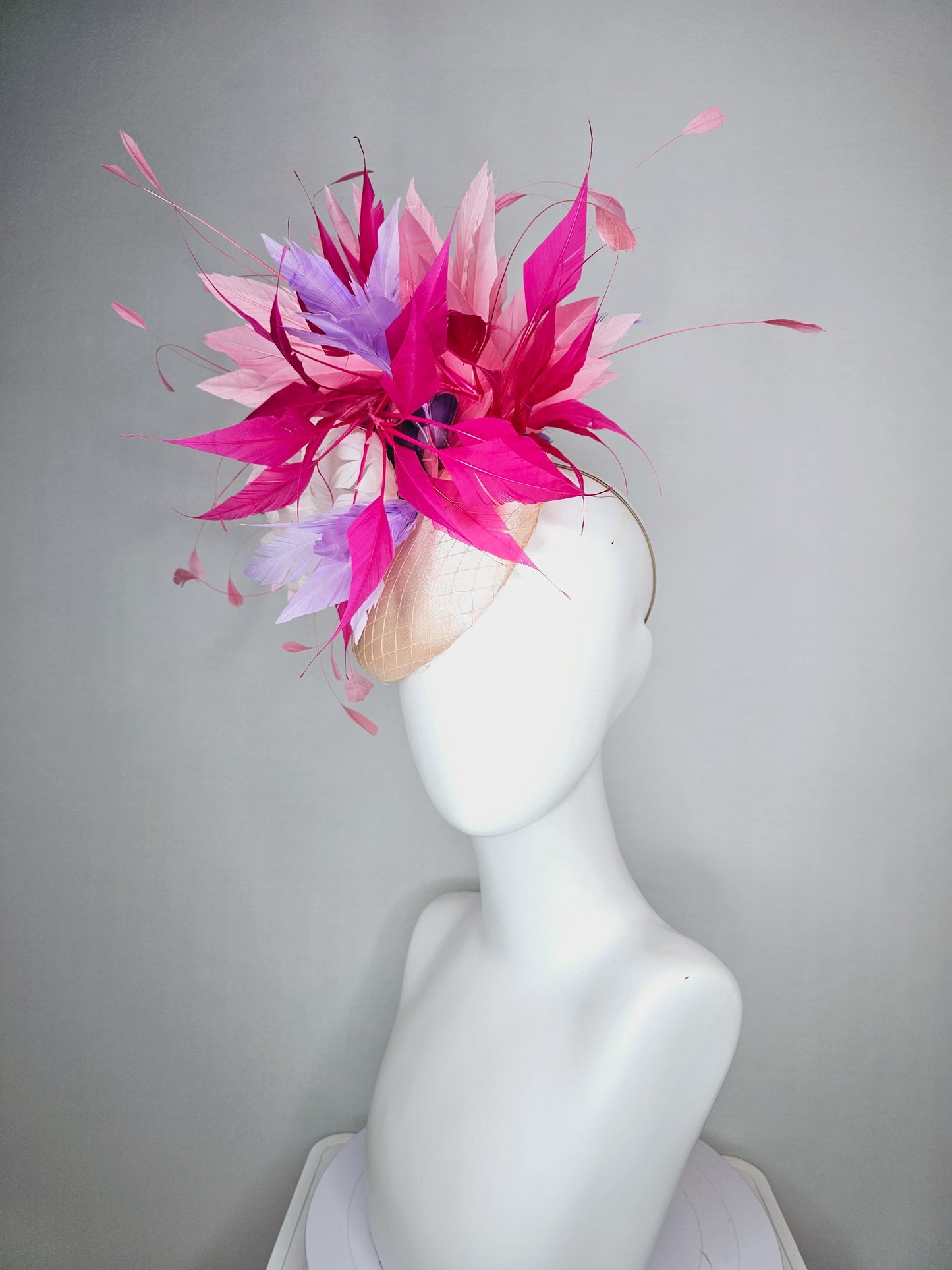 kentucky derby hat fascinator champagne pink satin with netting fluffy feather flower light pink lavender purple hot pink feathers