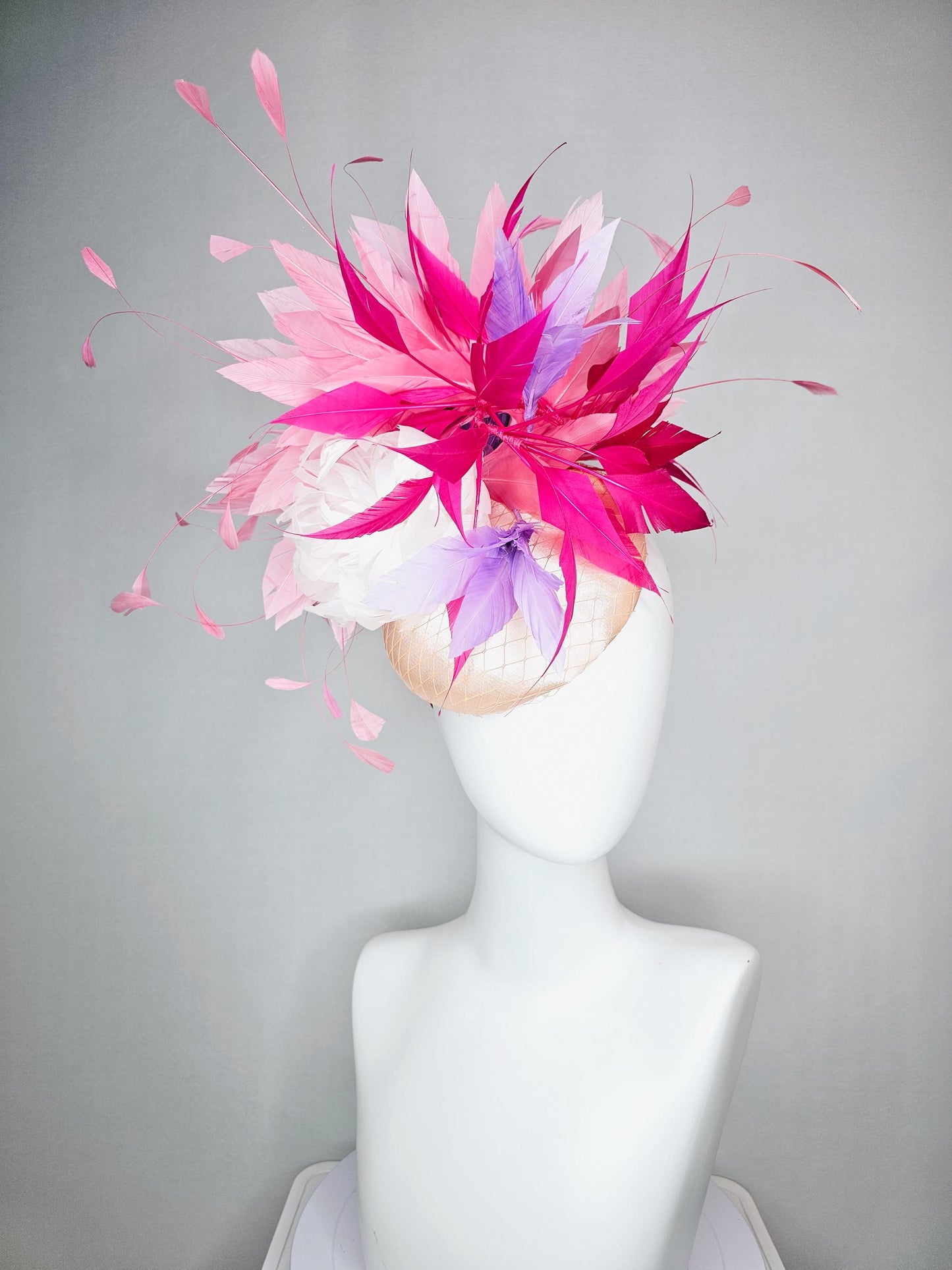 kentucky derby hat fascinator champagne pink satin with netting fluffy feather flower light pink lavender purple hot pink feathers