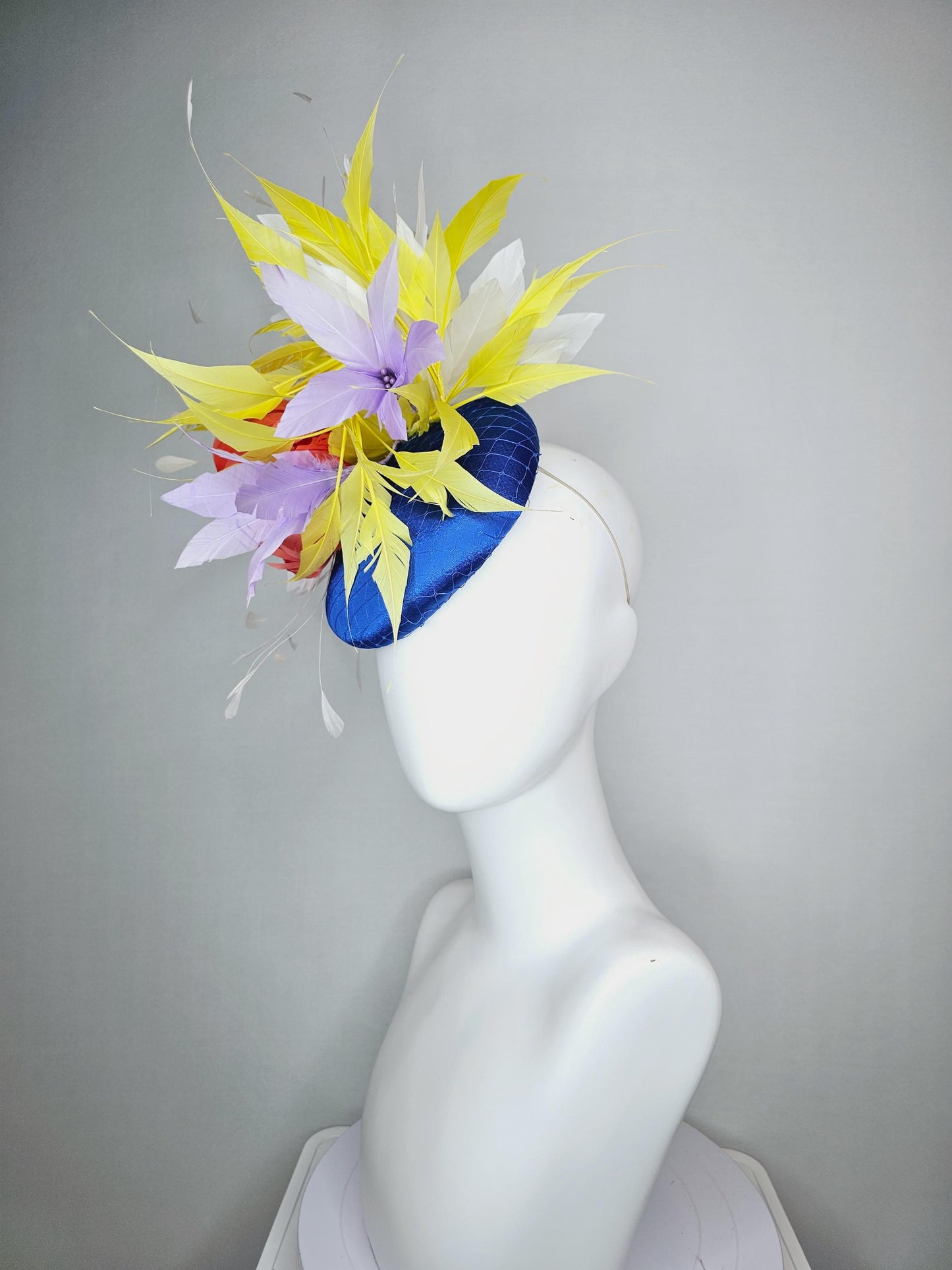 kentucky derby hat fascinator royal blue satin with netting orange feather flower colorful white yellow lavender purple branching feathers