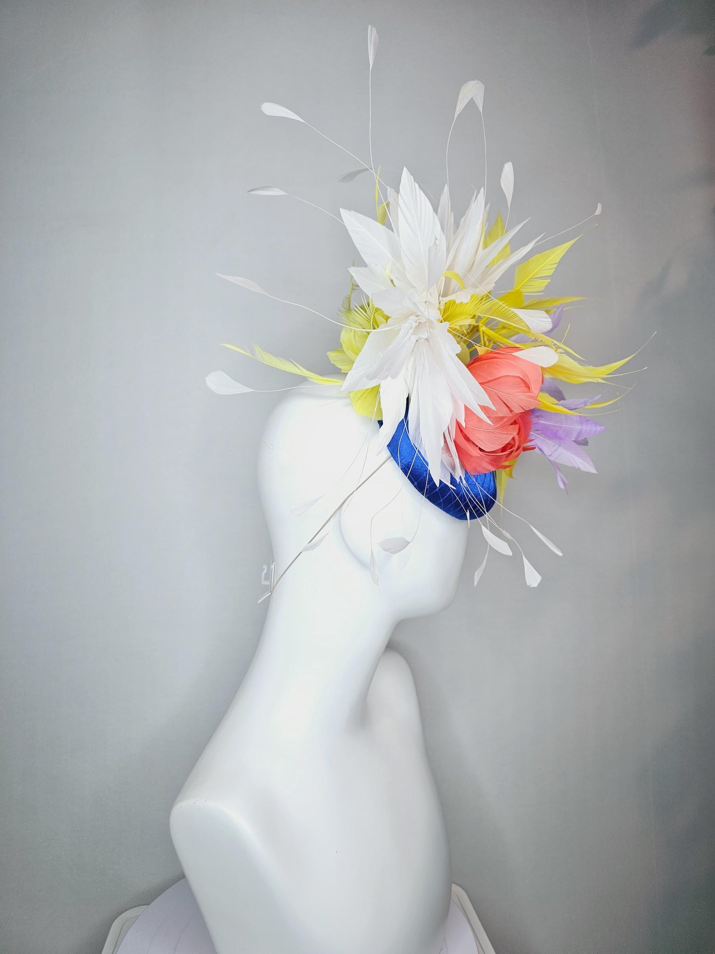 kentucky derby hat fascinator royal blue satin with netting orange feather flower colorful white yellow lavender purple branching feathers
