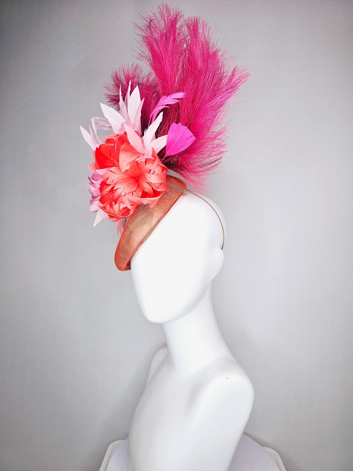 kentucky derby hat fascinator pointed burnt orange sinamay with light pink red orange feather flowers pink feathers hot pink pampas grass