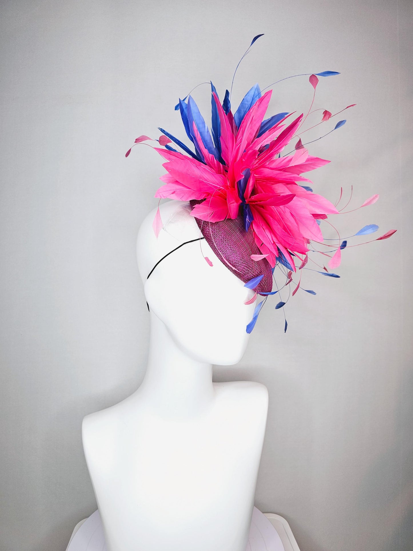 kentucky derby hat fascinator magenta purple plum sinamay with royal blue and bright pink branching feathers