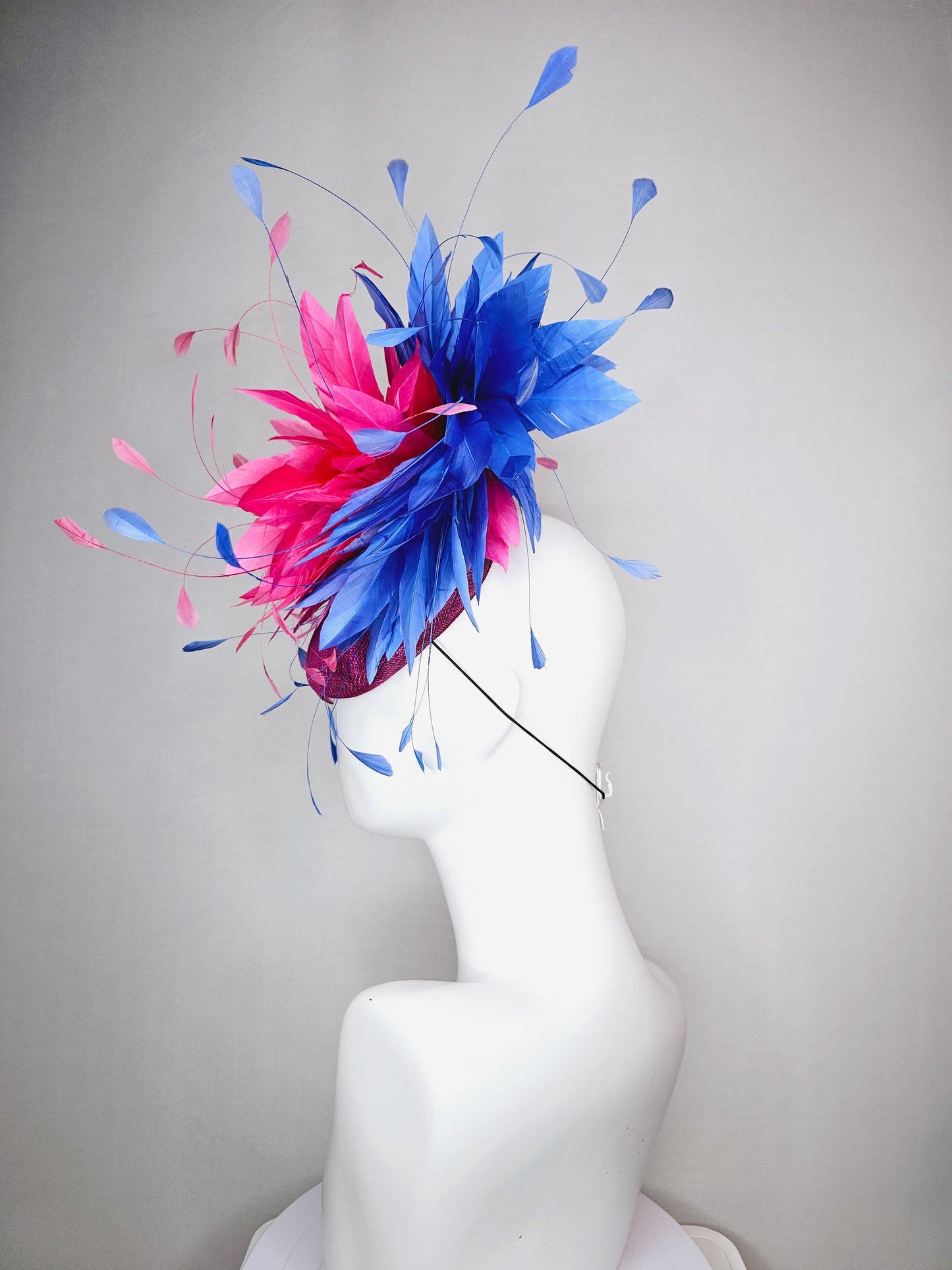 kentucky derby hat fascinator magenta purple plum sinamay with royal blue and bright pink branching feathers