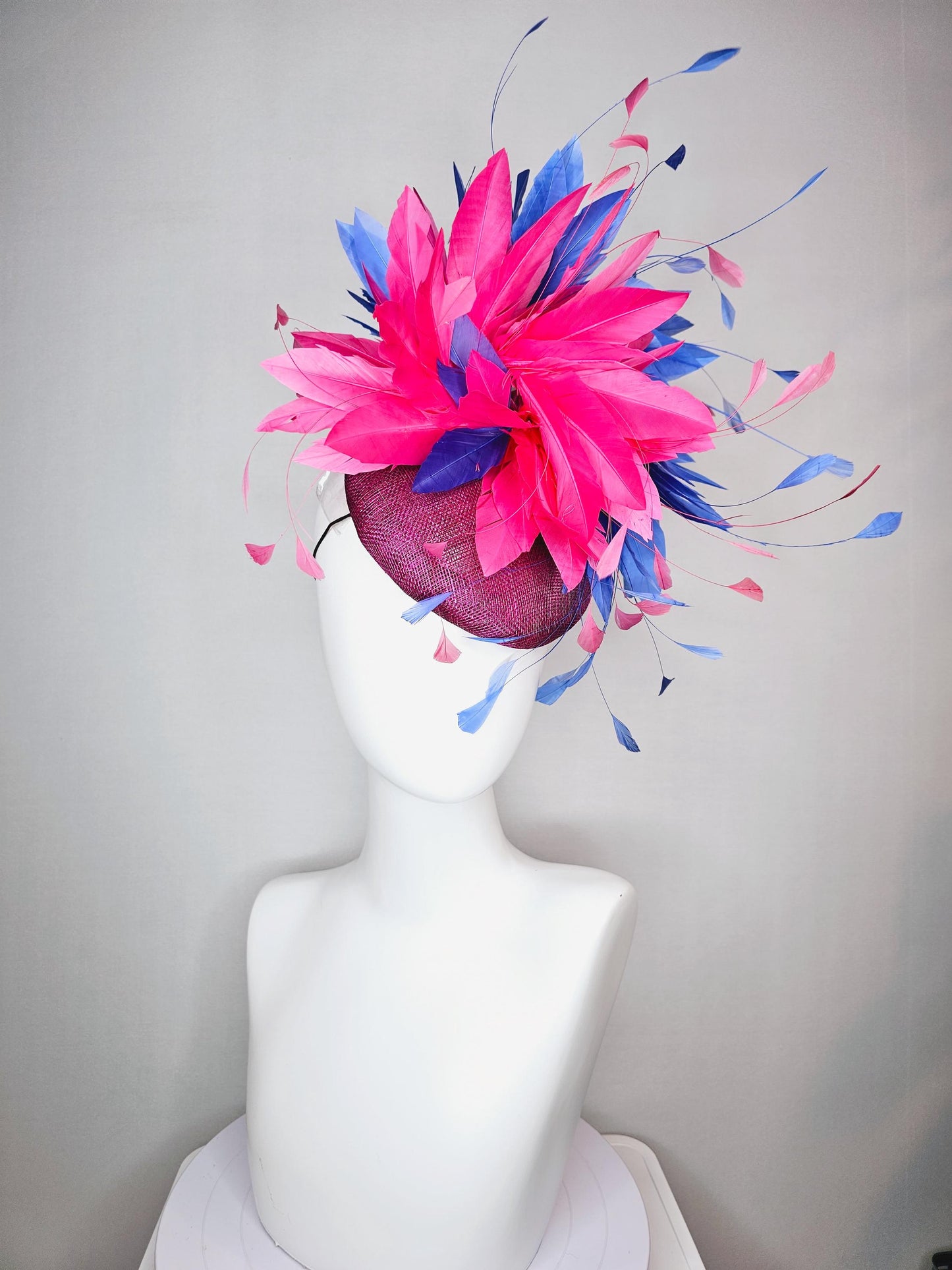 kentucky derby hat fascinator magenta purple plum sinamay with royal blue and bright pink branching feathers