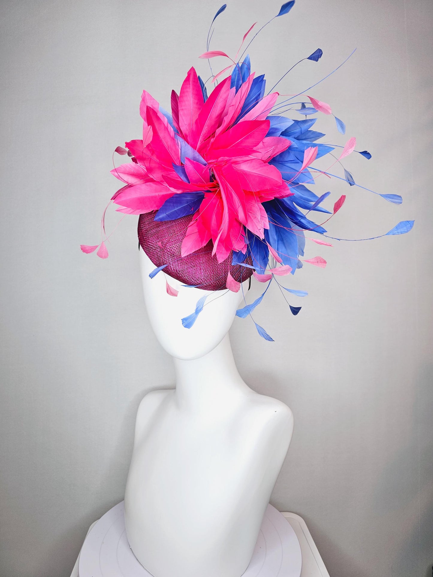 kentucky derby hat fascinator magenta purple plum sinamay with royal blue and bright pink branching feathers