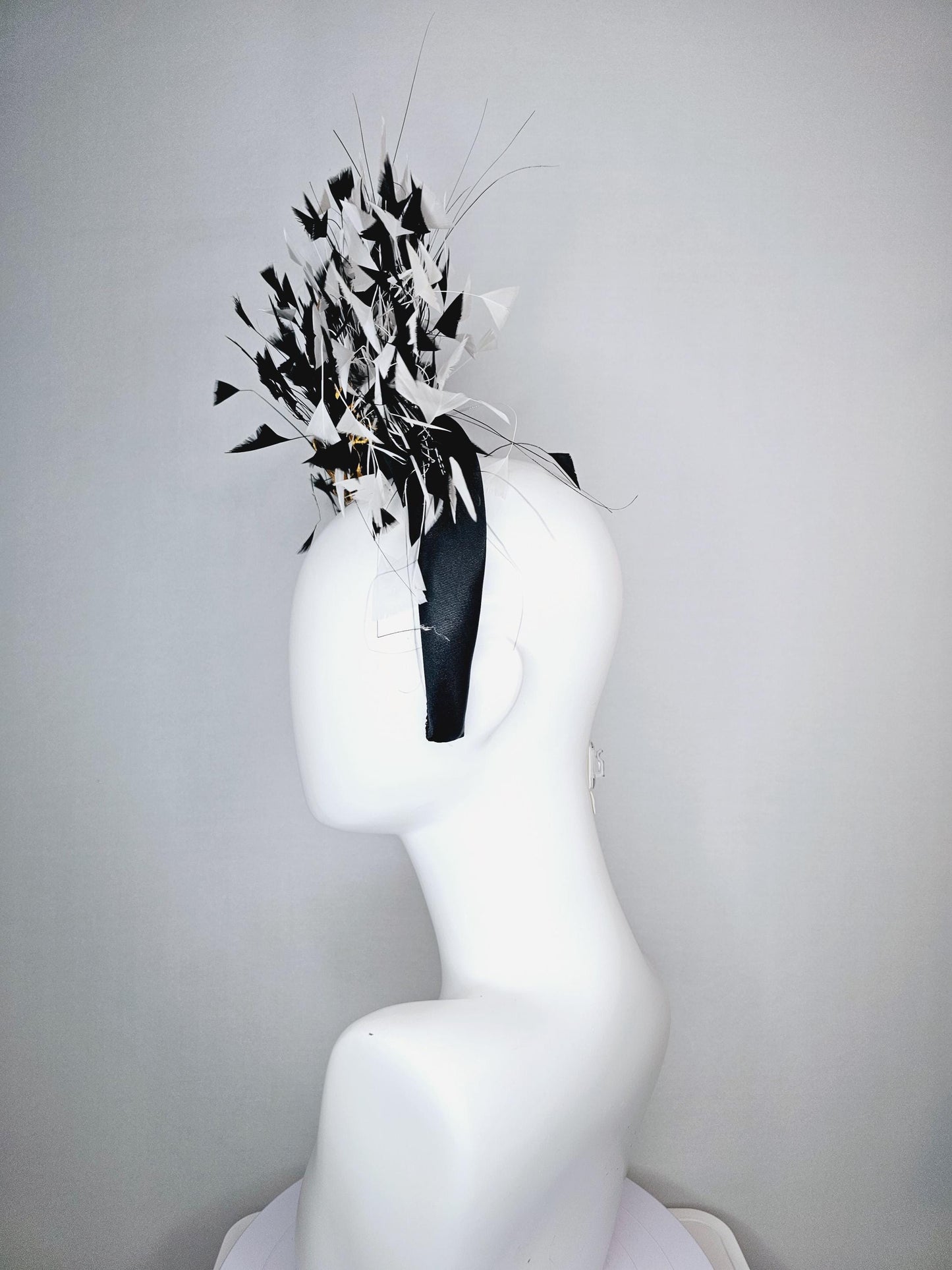 kentucky derby hat fascinator black satin headband with black and white branching feathers yellow gold embroidered flowers